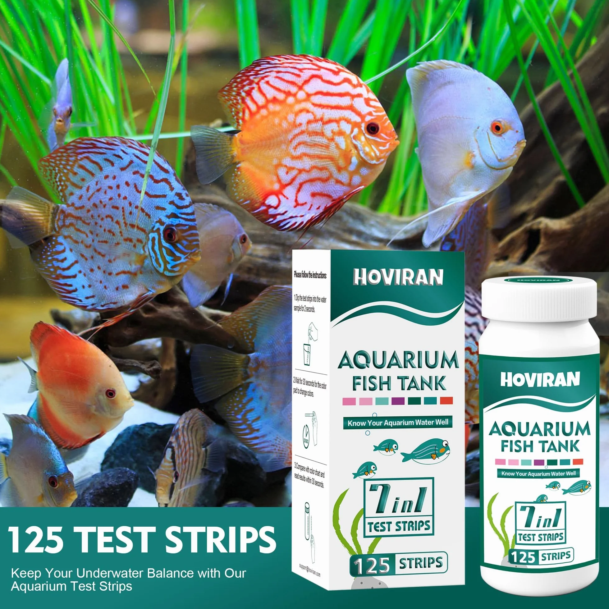 Bandelettes de test pour aquarium 7 en 1, 125 pièces, kit d'analyse d'eau douce et salée, chlore, dureté totale, carbonate, alcalinité, nitrate