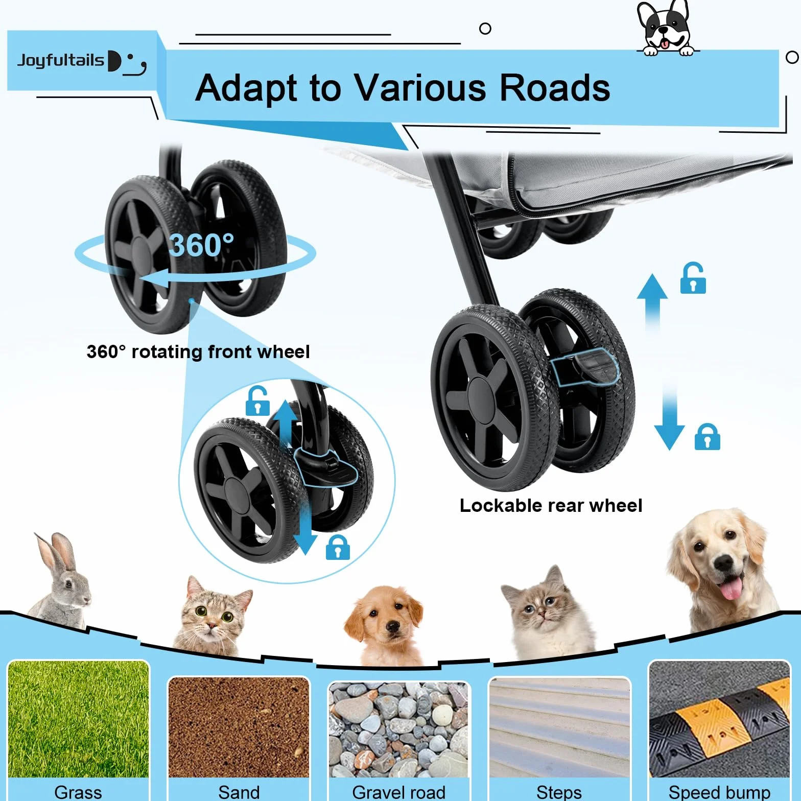 Poussette pour Chien Chat Pliable Double 4 Roues Amorties 20kg Chariot Tout-Terrain avec Panier de Rangement Gris