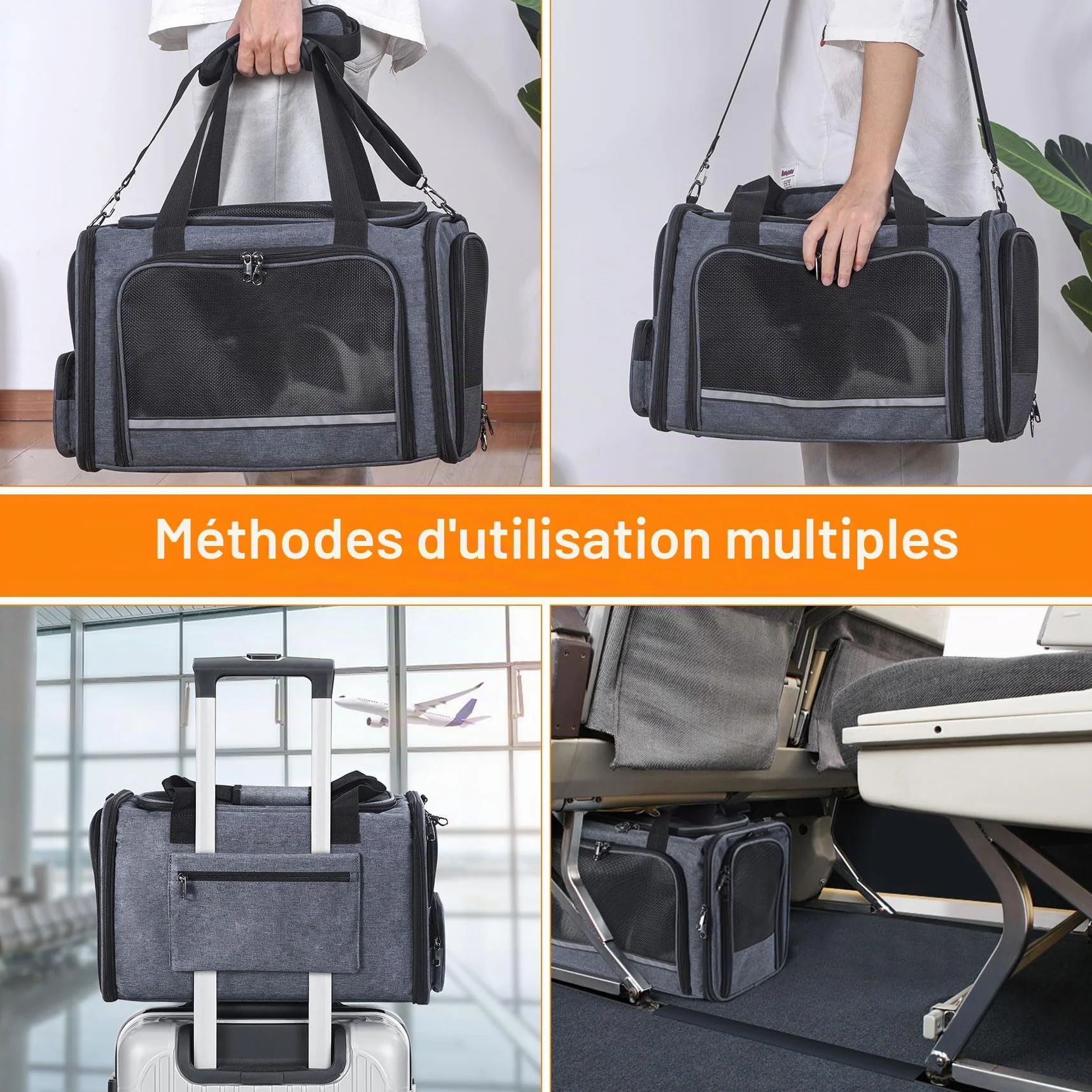 Sac de Transport pour Chat et Chien approuvé par l'avion TSA, côtés Souples, 44,5 x 21,6 x 27,9 cm, Gris