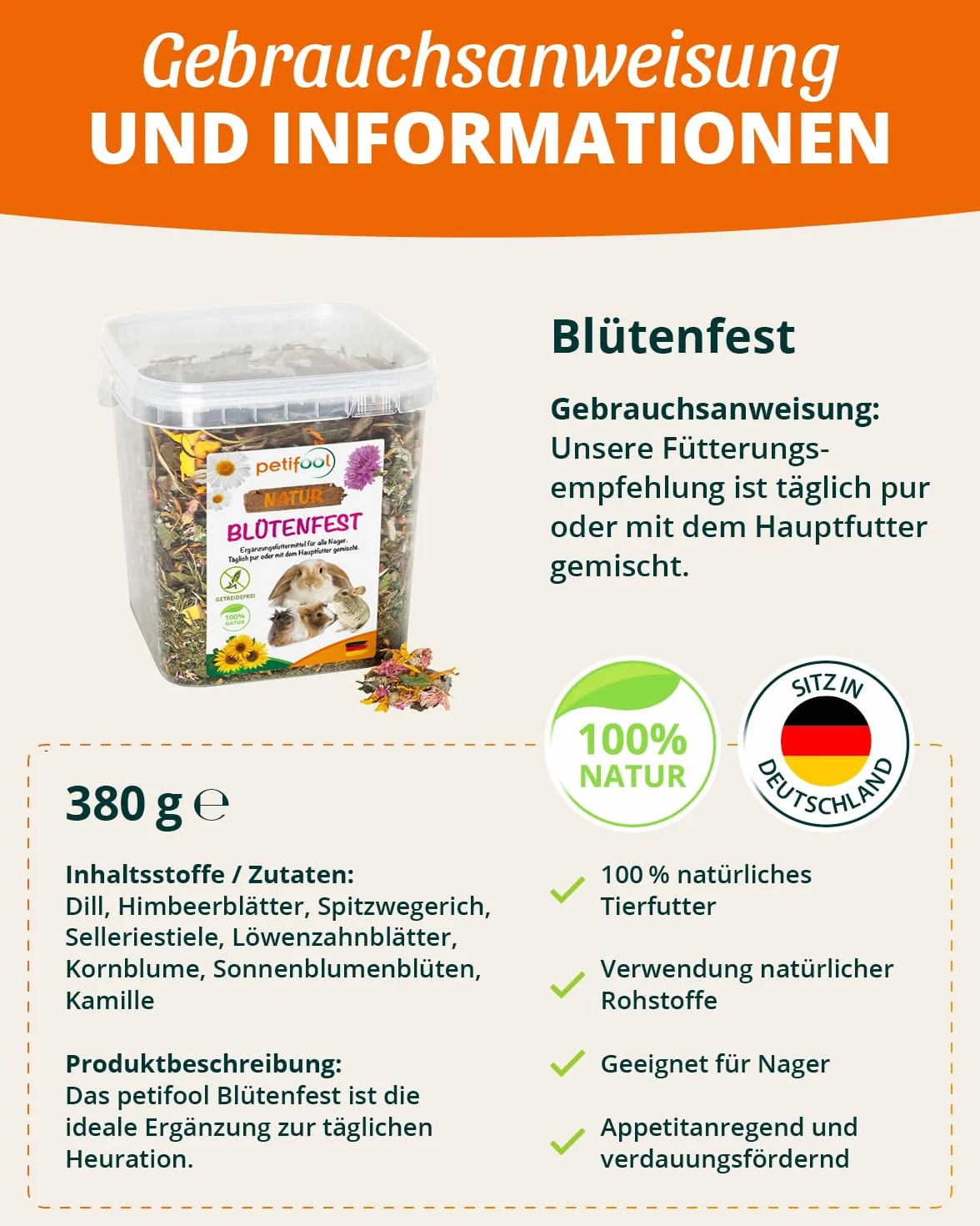 Petifool Blütenfest 380 g Complément alimentaire naturel pour rongeurs lapins cochons d'Inde hamsters chinchilla