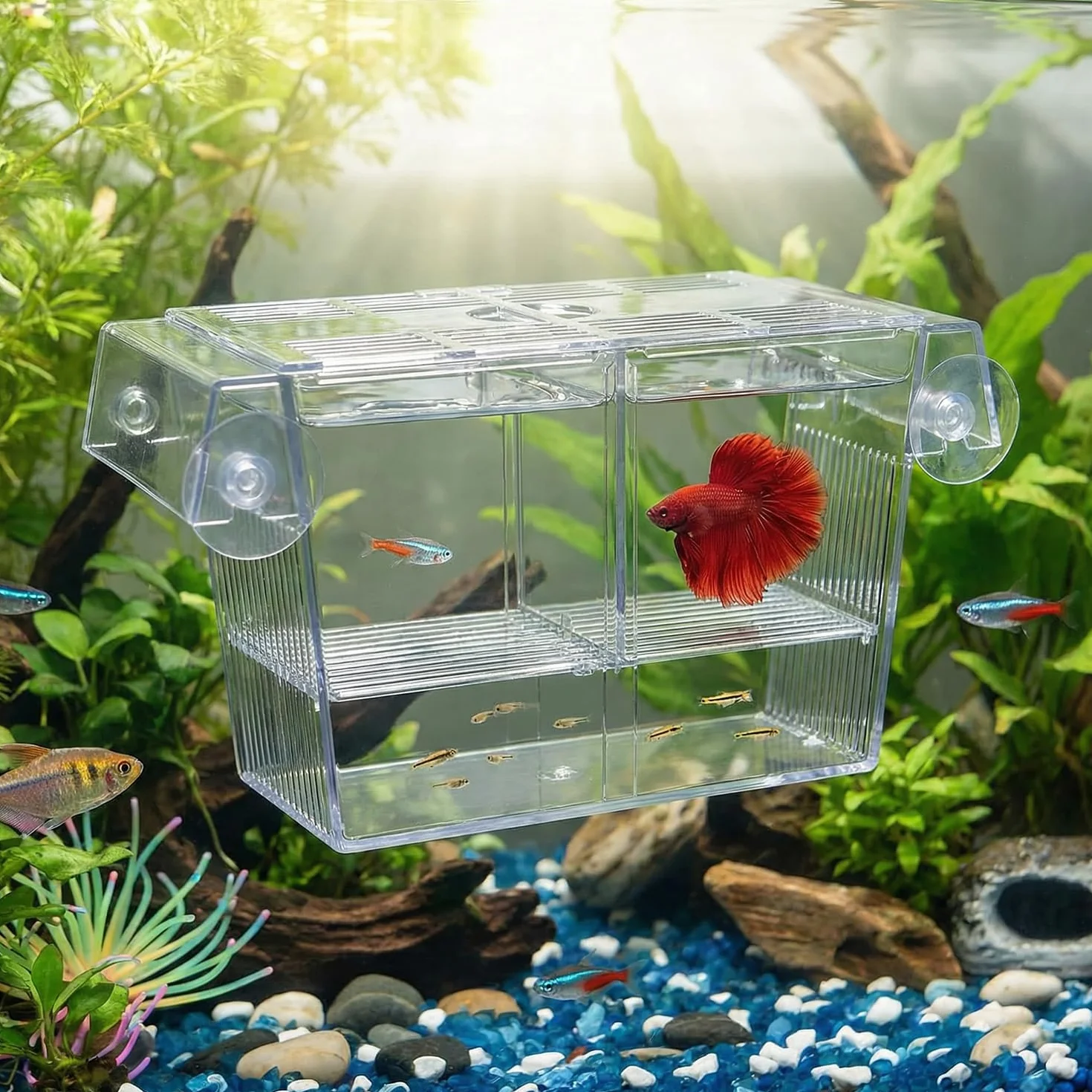 QWORK Boîte d'élevage Aquarium 127x30x51mm incubateur de Poissons avec ventouses pour alevins crevettes guppys
