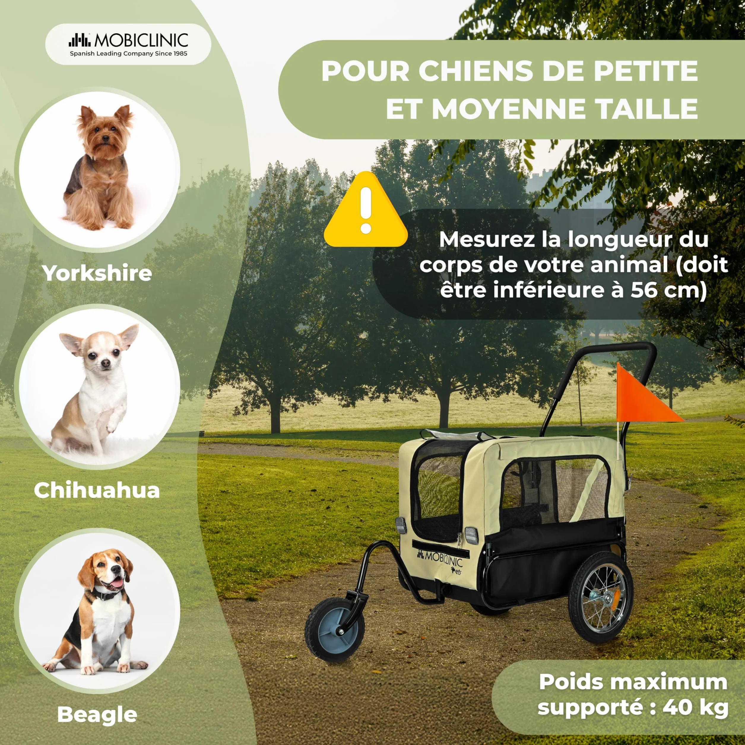 Mobiclinic® Remorque Vélo pour Chien 2 en 1, Jusqu'à 40 kg, Tissu Oxford 600D, 123x67x100 cm