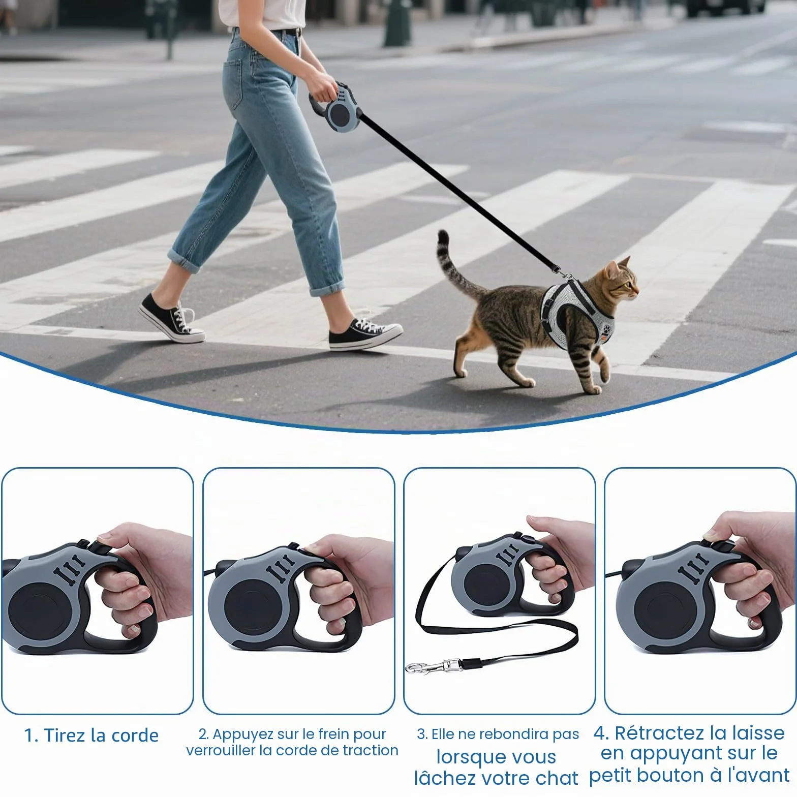 Harnais Chien Anti évasion avec Corde de Traction Télescopique Automatique 5m/16.4 Ft Réglable Anti Fugue Chat Chaton (M)