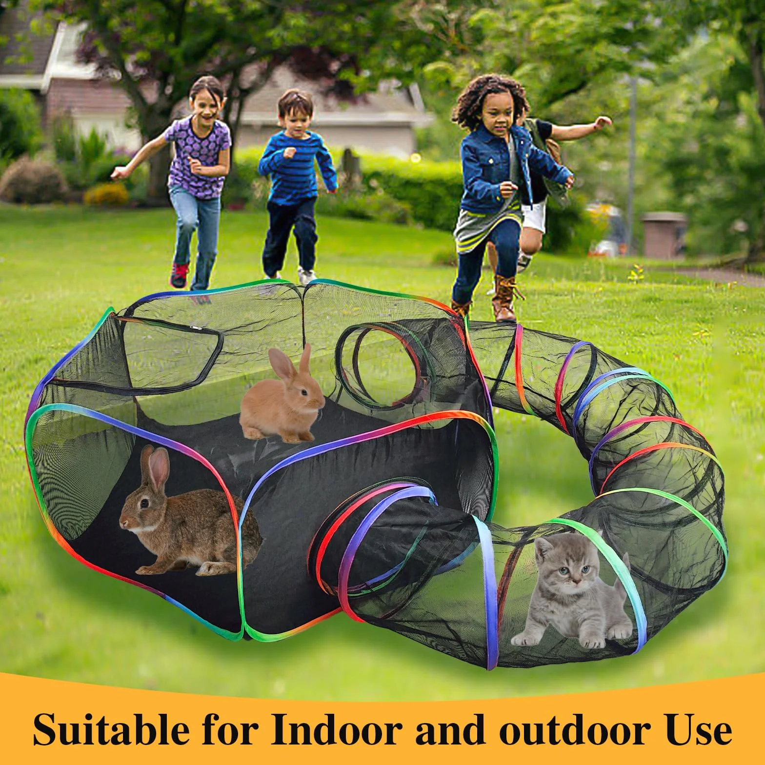 Homegroove Catio Enclos d'extérieur pour chat tunnel circulaire portable avec sac de transport arc-en-ciel