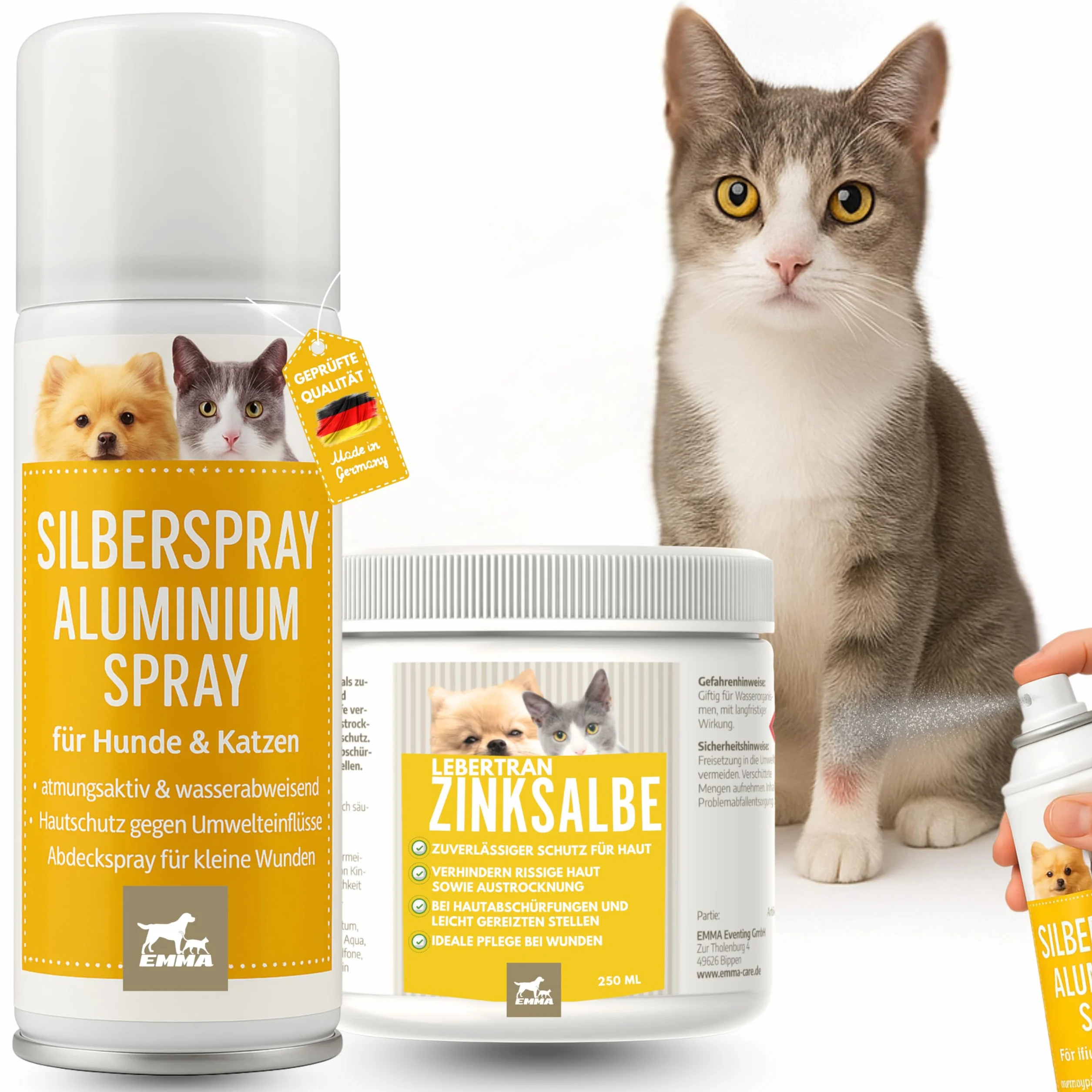 Kit de Premiers Secours pour Chats Emma Spray Argent Pommade Foie de Zinc Cicatrisant Protection Plaies 250 ML 100ml