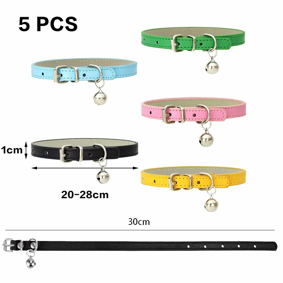 Colliers Chat en Cuir Anti-Perte avec Cloche Boucle Réglable Métal 5 Pièces