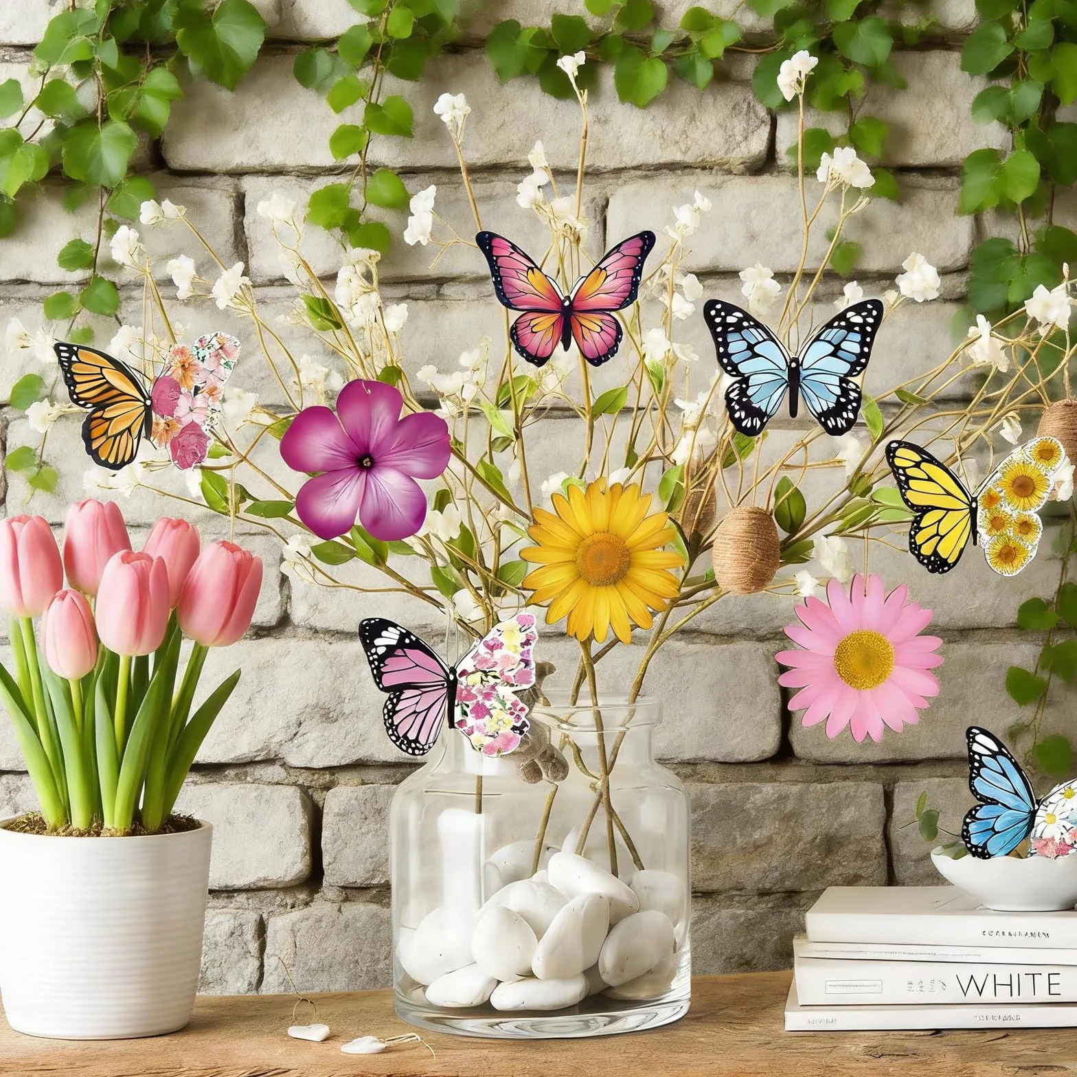 Lot de 40 décorations de printemps en bois suspendues pour branches, portes, fenêtres