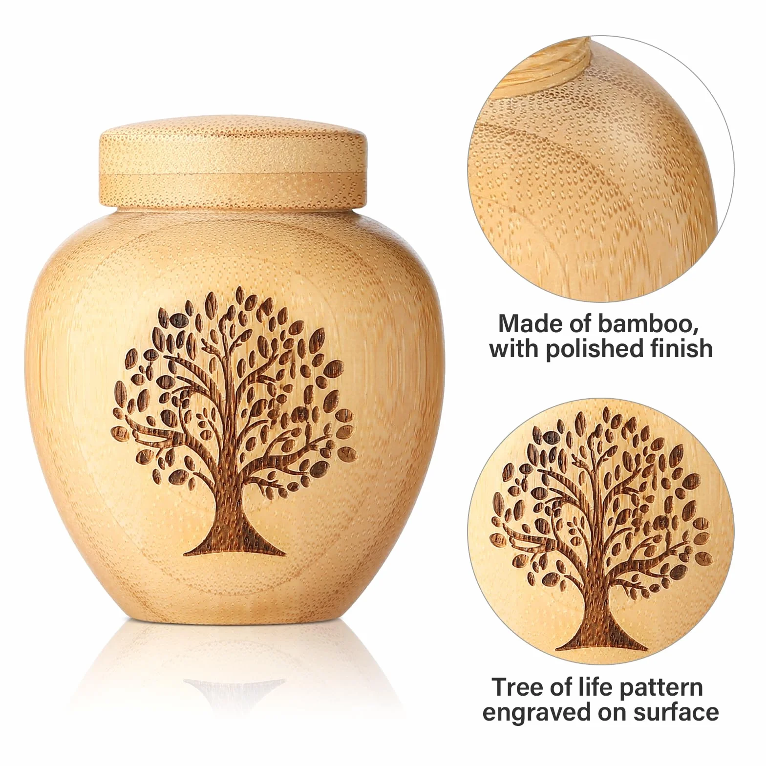 Urne funéraire en Bambou avec Motif Arbre de Vie gravé pour Cendres humaines et Animaux domestiques 15 cm Cubes