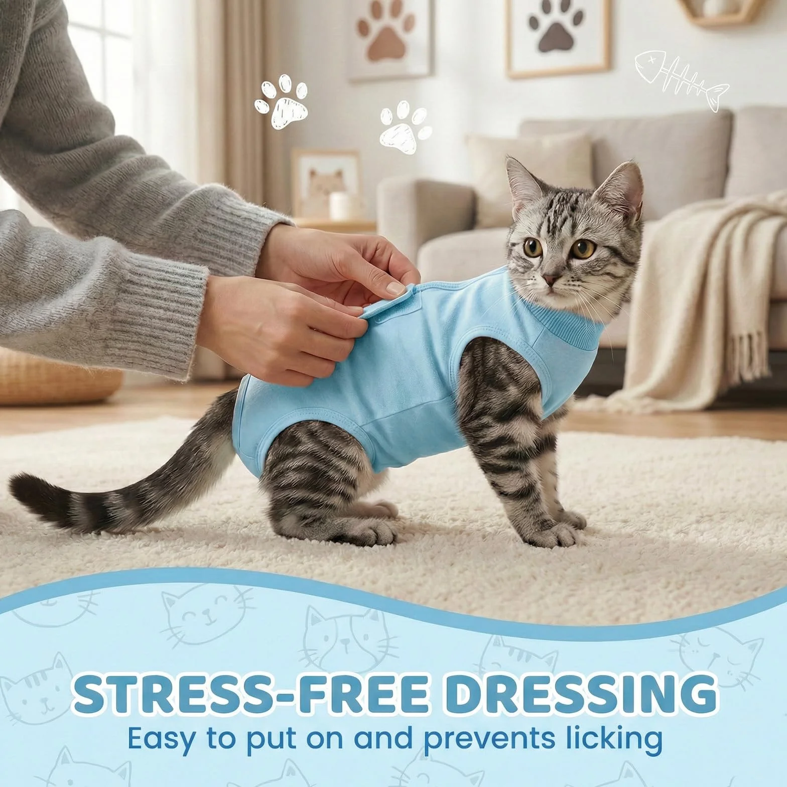 Body pour Chat après Stérilisation, Anti-léchage Post-opératoire, Plaies Abdominales (Bleu, M)