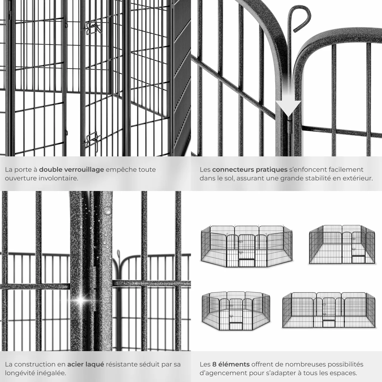 Parc pour Chien Modulable Pliable Enclos Chat Extérieur Cloture Anti Fugue Grillage sans Toit Portes Double Verrou