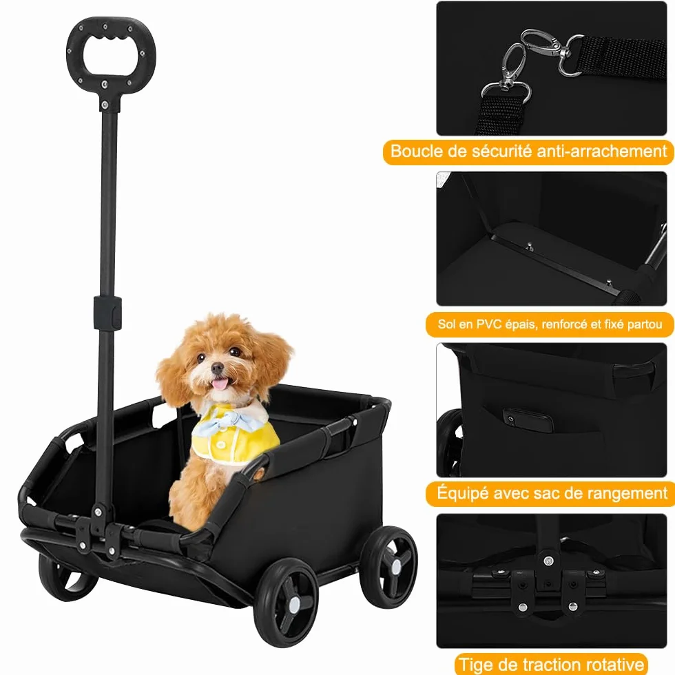 Poussette pour chiens pliable pour animaux de compagnie miniature,chariot pour chien,avec barre de poussée réglable, design ouvert, coussin, sac de rangement et roulettes