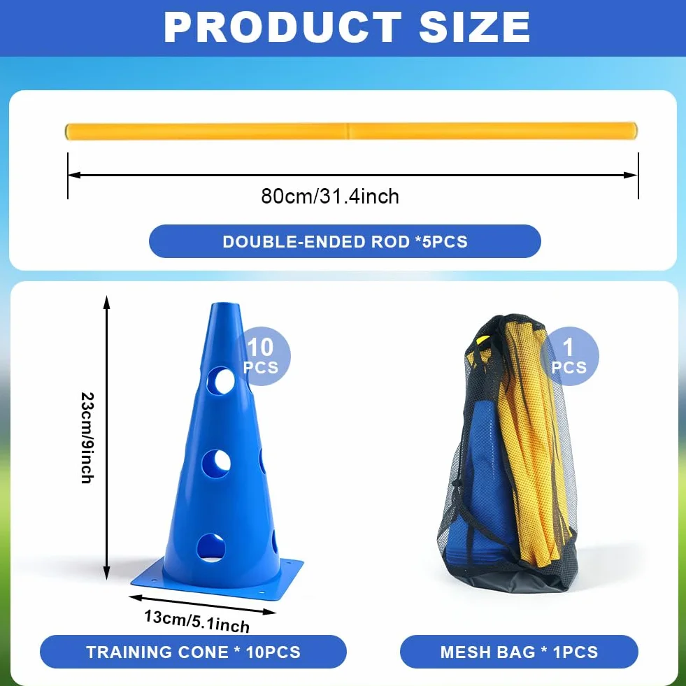 Kit de dressage pour chien Cavaletti Agility - 23 cm hauteur - 10 cônes et 5 barres - Sac en filet