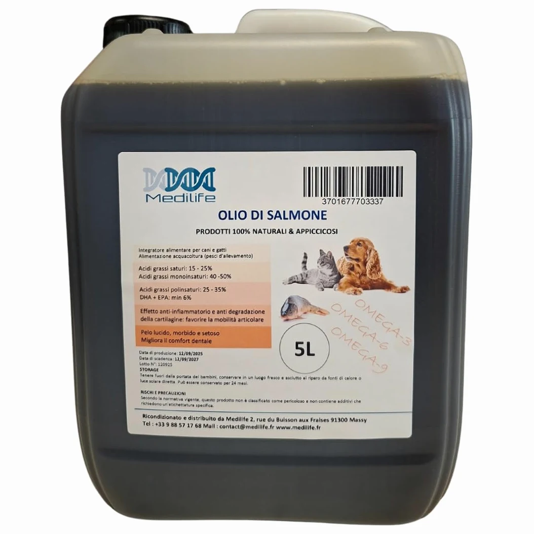 Medilife Huile de saumon, 5L, complément naturel pour chiens, chats et chevaux, riche en oméga 3-6-9
