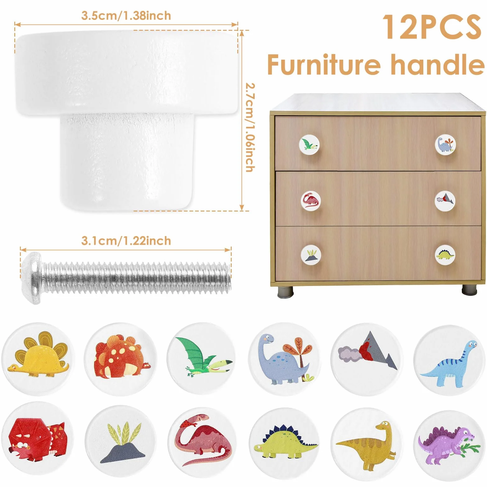 Lot de 12 boutons d'armoire en bois 35 mm motif dinosaure poignées décoratives pour meubles chambre enfant