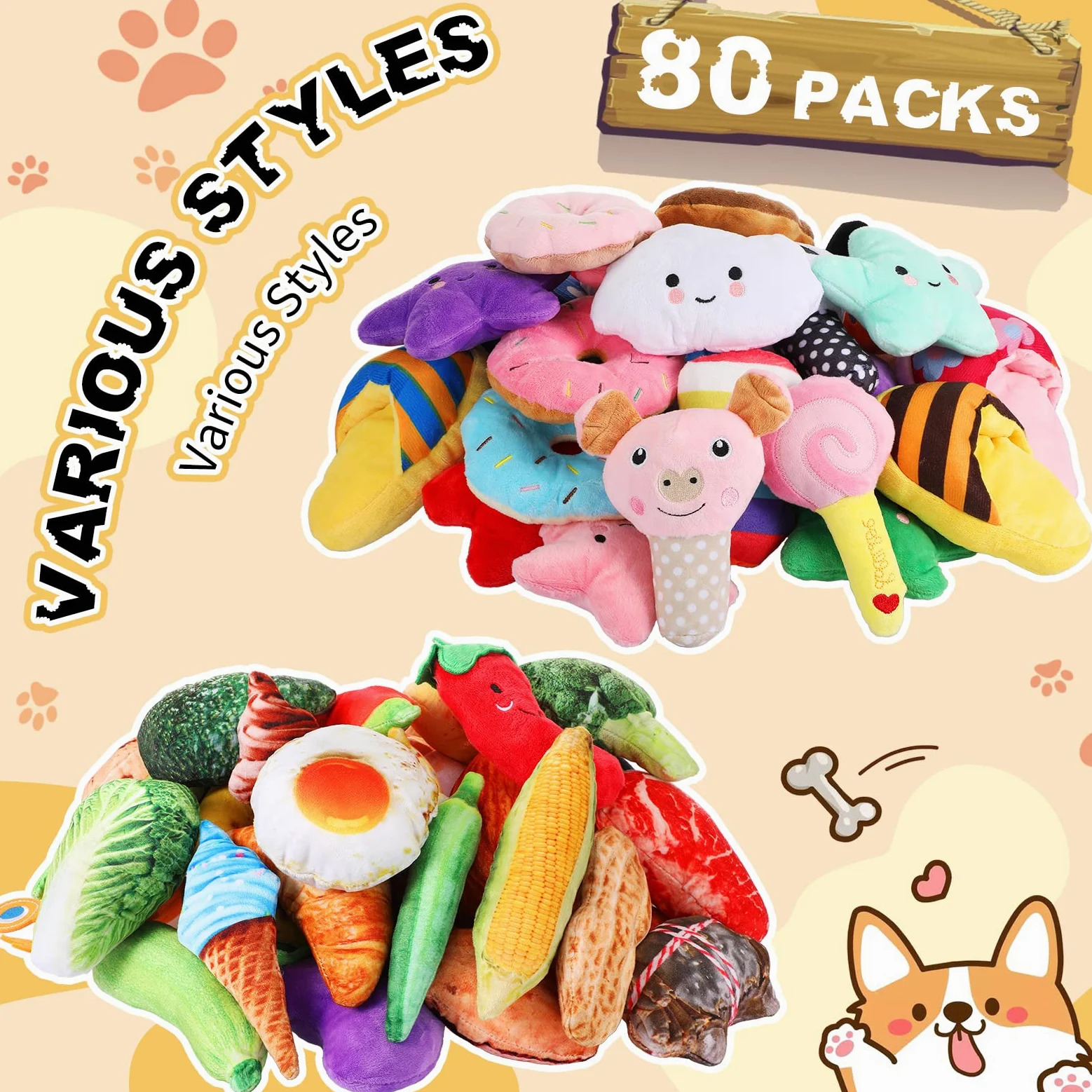 Hungdao Lot de 80 jouets couineurs en peluche pour chiot de petite et moyenne taille - Jouets mignons en vrac avec couineurs pour chiots