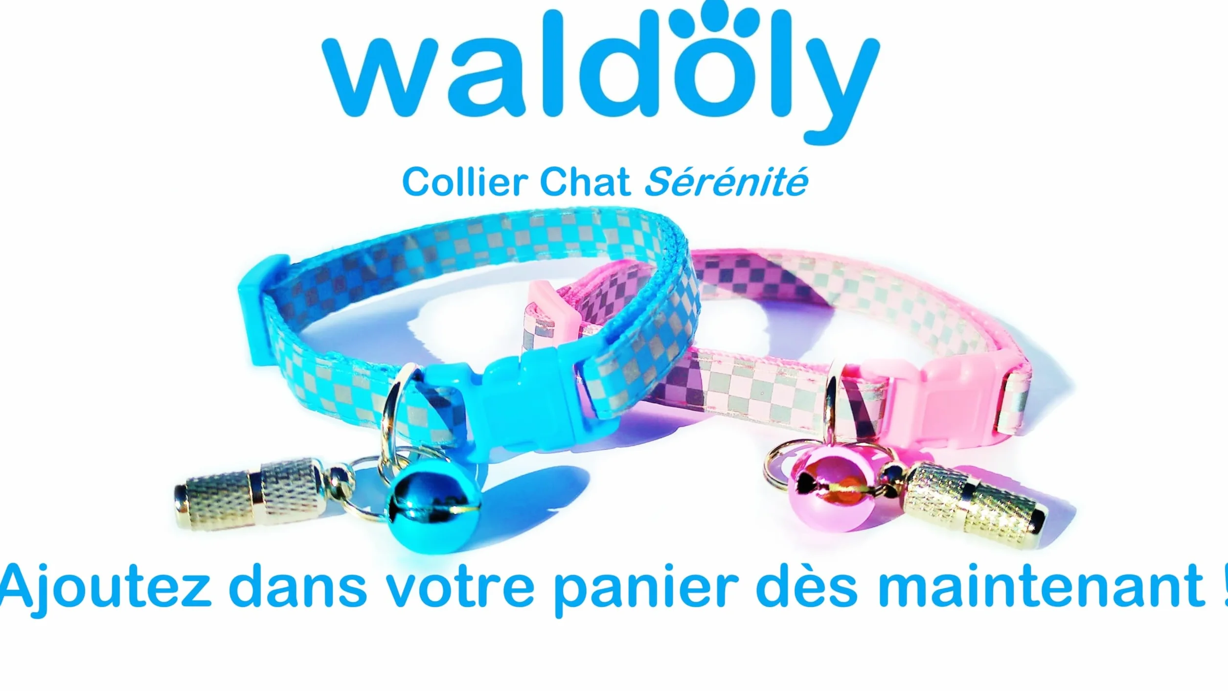 Collier Chat Anti-Étranglement Réfléchissant Bleu à Carreaux Waldoly Sérénité avec Étui Détachable pour Étiquette Personnalisée et Clochette Amovible