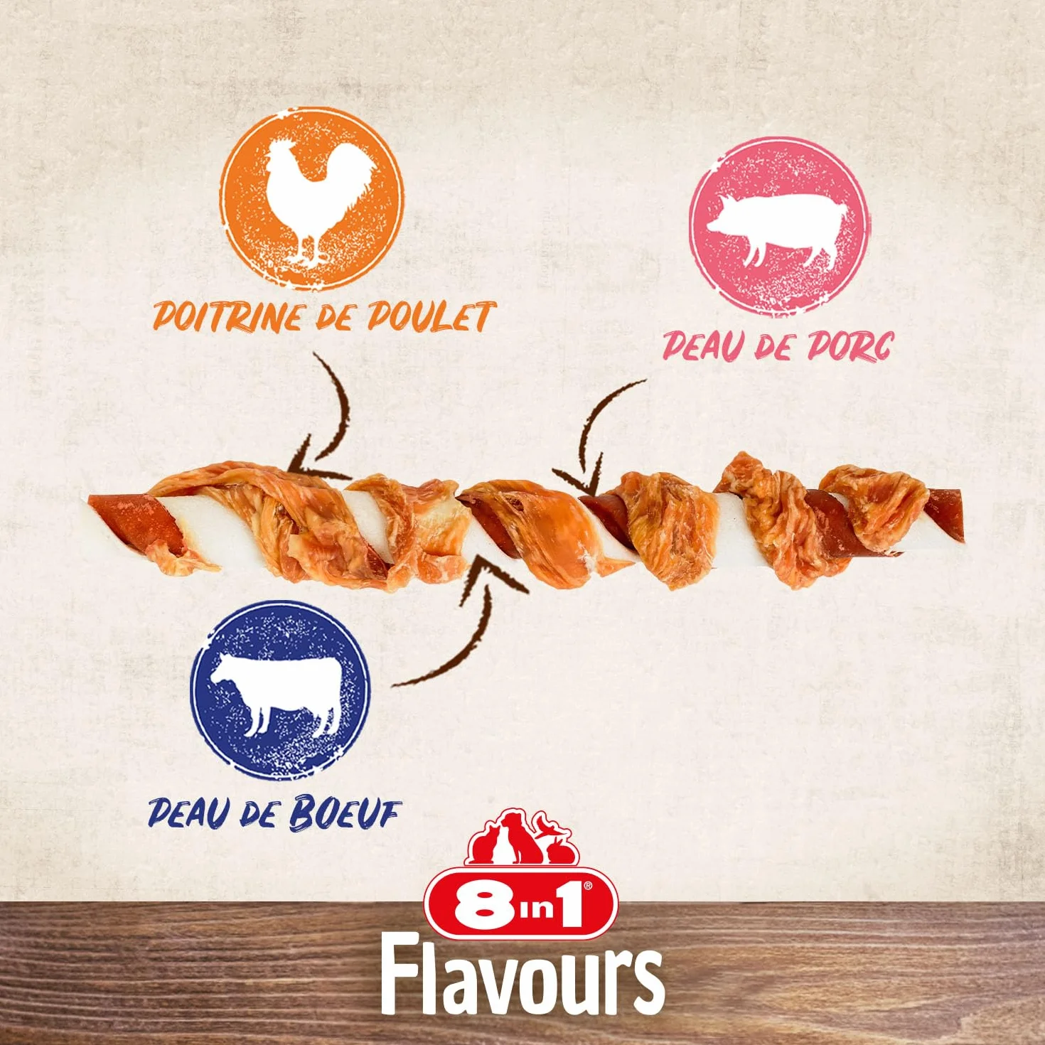 8in1 Triple Flavour Mega Twisted Sticks - Grandes bâtonnets à mâcher au Filet de Poulet, Peau de Porc et de bœuf – 140 g (2 pièces)