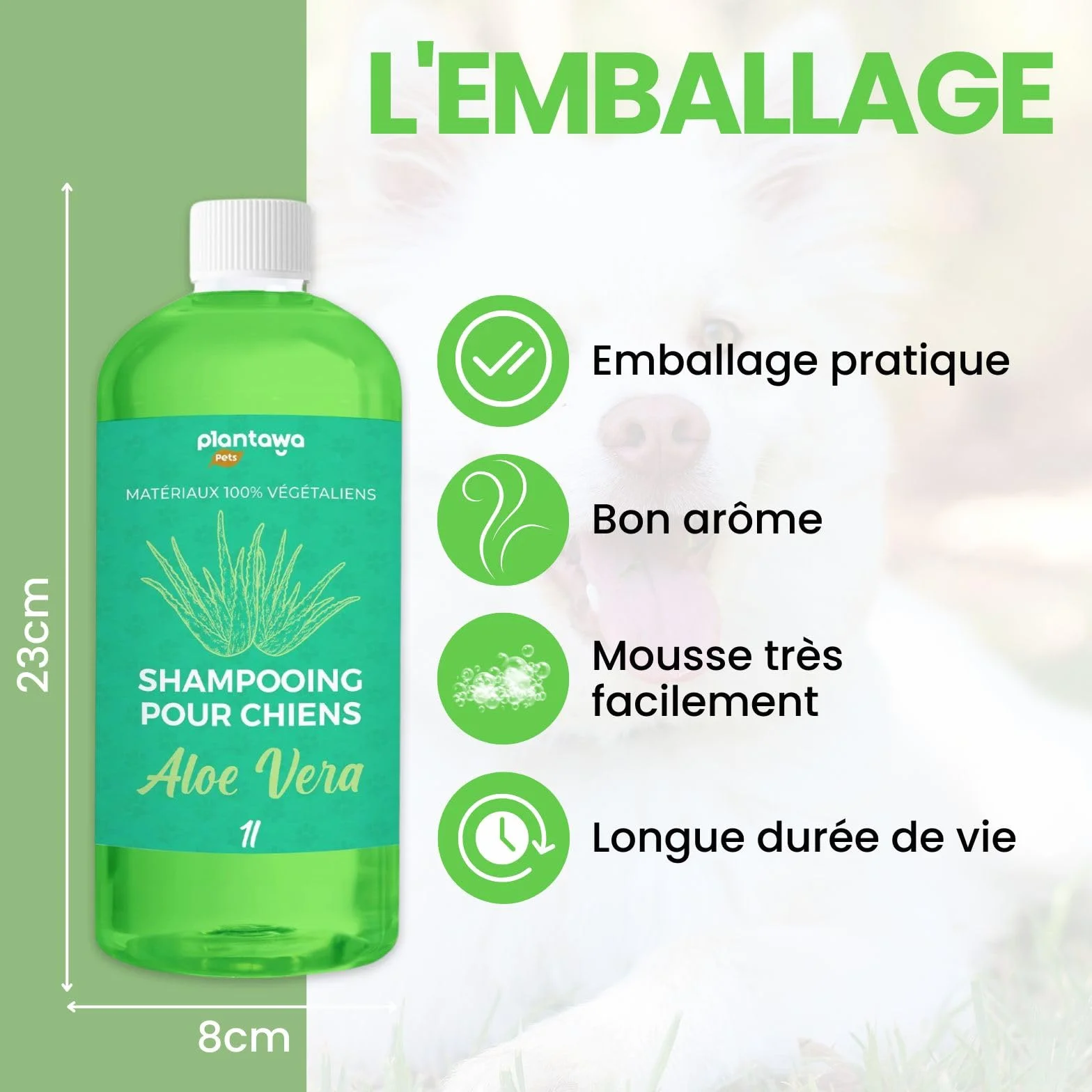 Plantawa Shampooing pour Chien à l'Aloe Vera 1L Peau Sensible Anti-Irritation Vegan