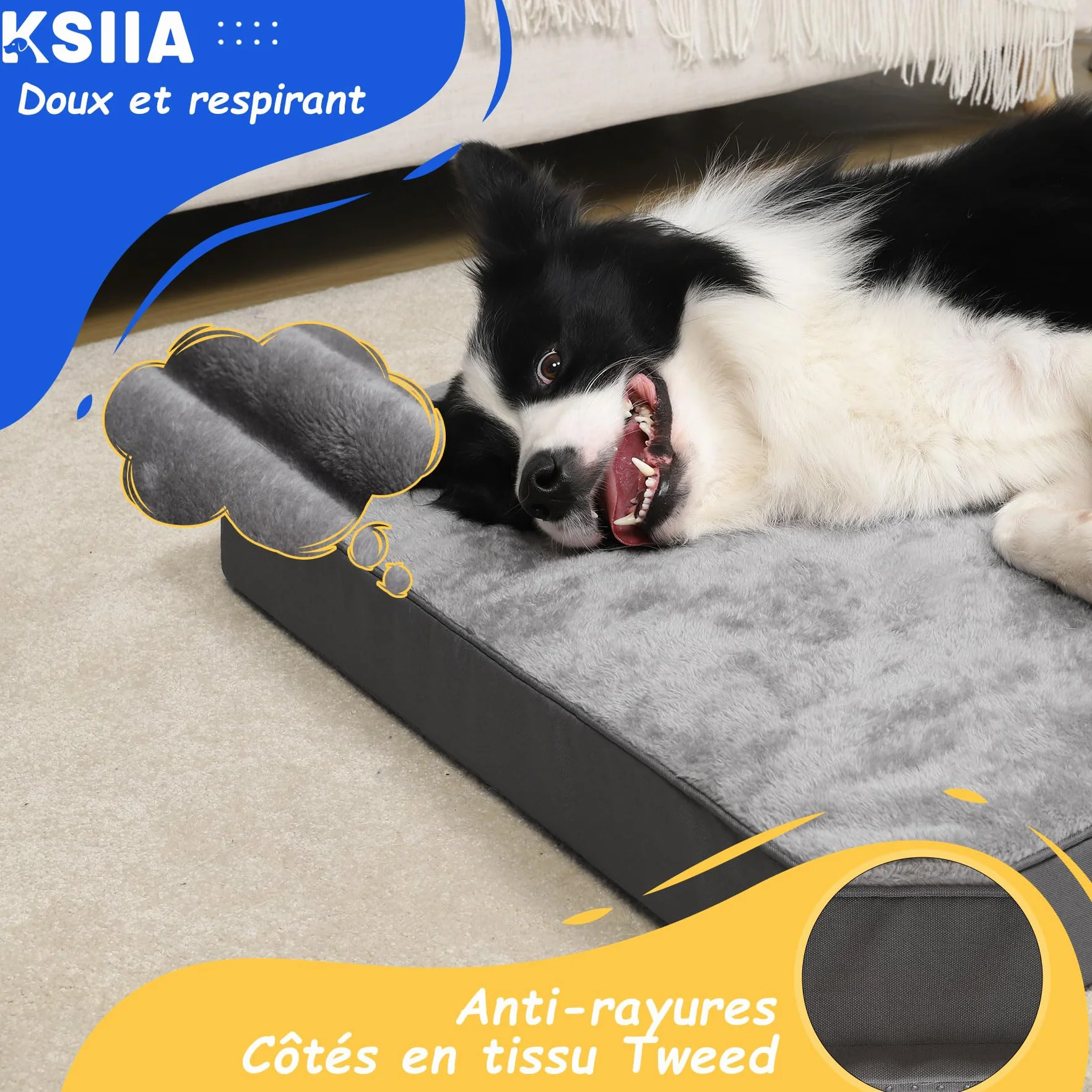 Panier Grande Taille 88x55cm Coussin Dehoussable Chien Lit Orthopédique Tapis Matelas Housse Amovible Lavable Fond Antidérapant Gris Foncé