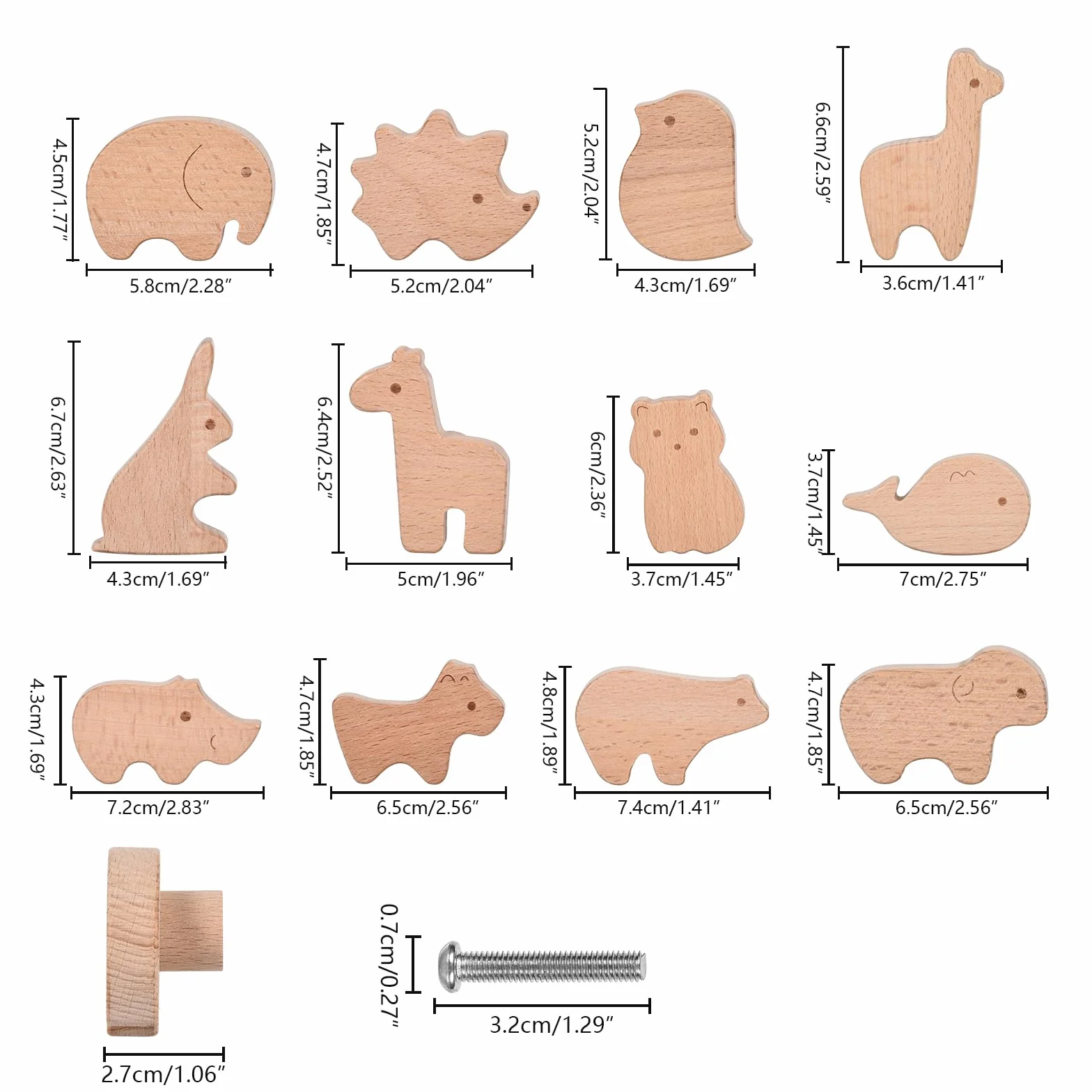 Poignées de tiroir en bois forme animal lot de 12 avec vis chambre enfant