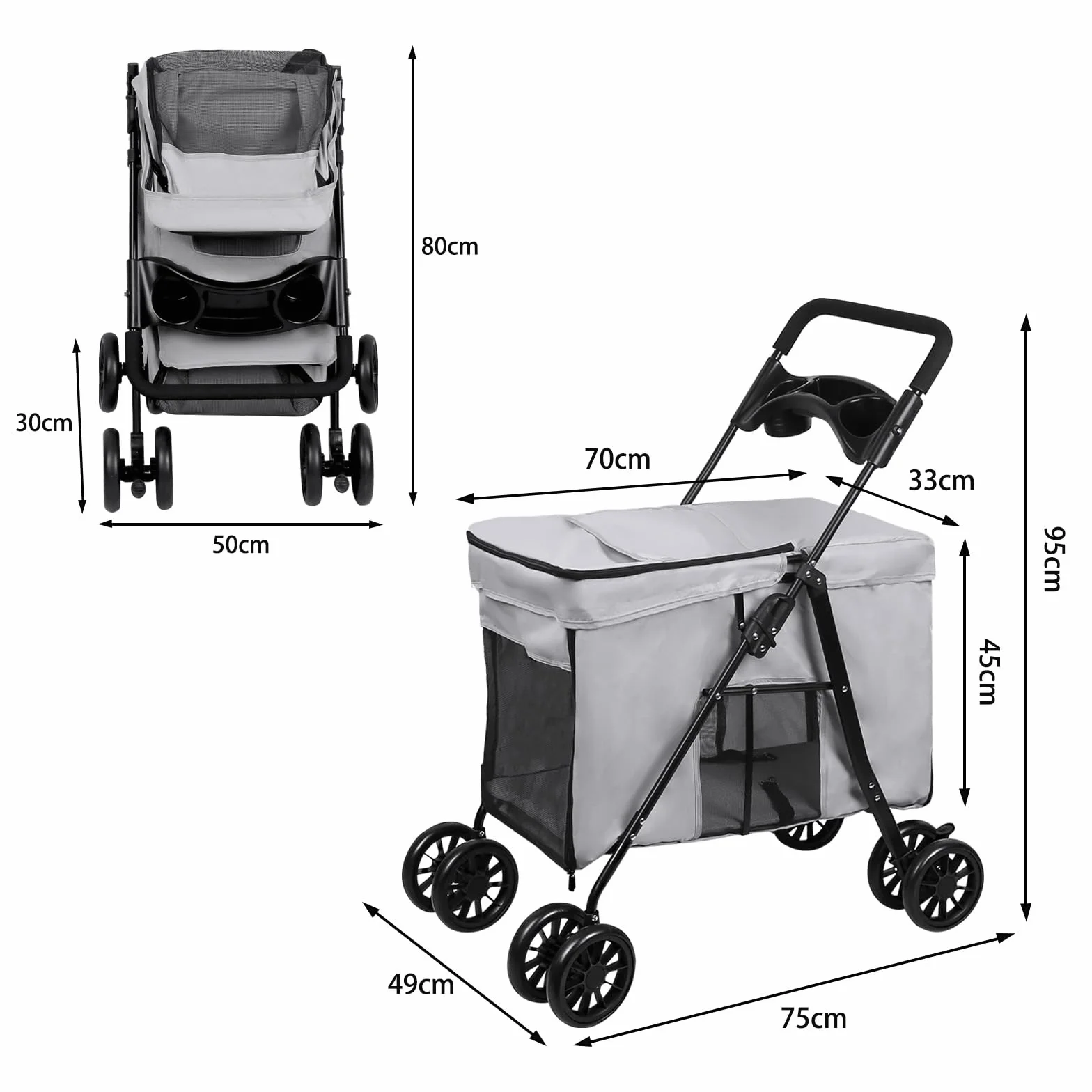 OHMG Poussette pliable animaux chien chat 2 en 1,chariot pour chien,nacelle amovible bandoulières 4 roues avec frein tissu 600D Oxford,Charge 20 kg