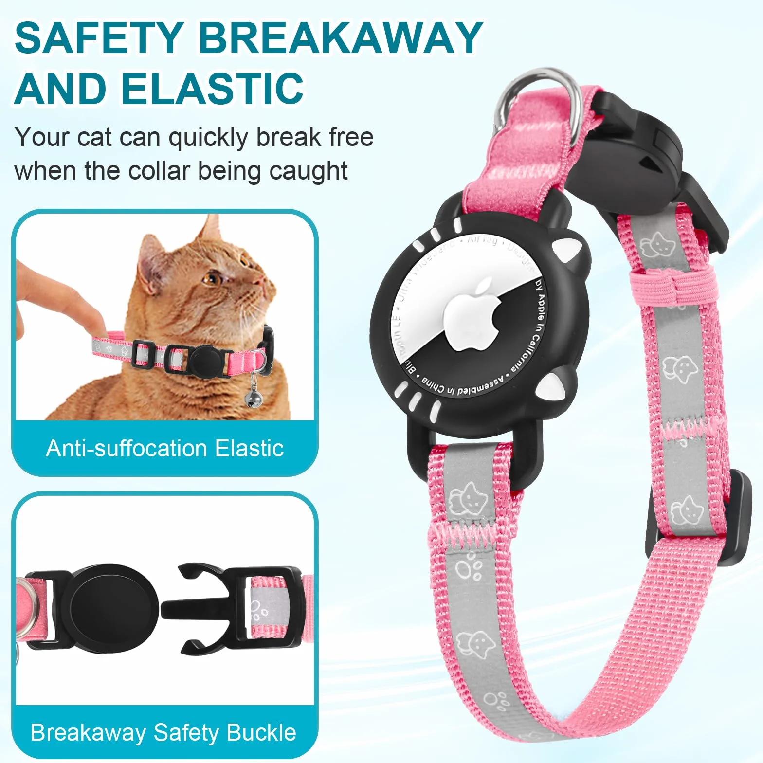 Collier Chat Réfléchissant Compatible Airtag Apple, Boucle Sécurité Anti étranglement pour Chaton
