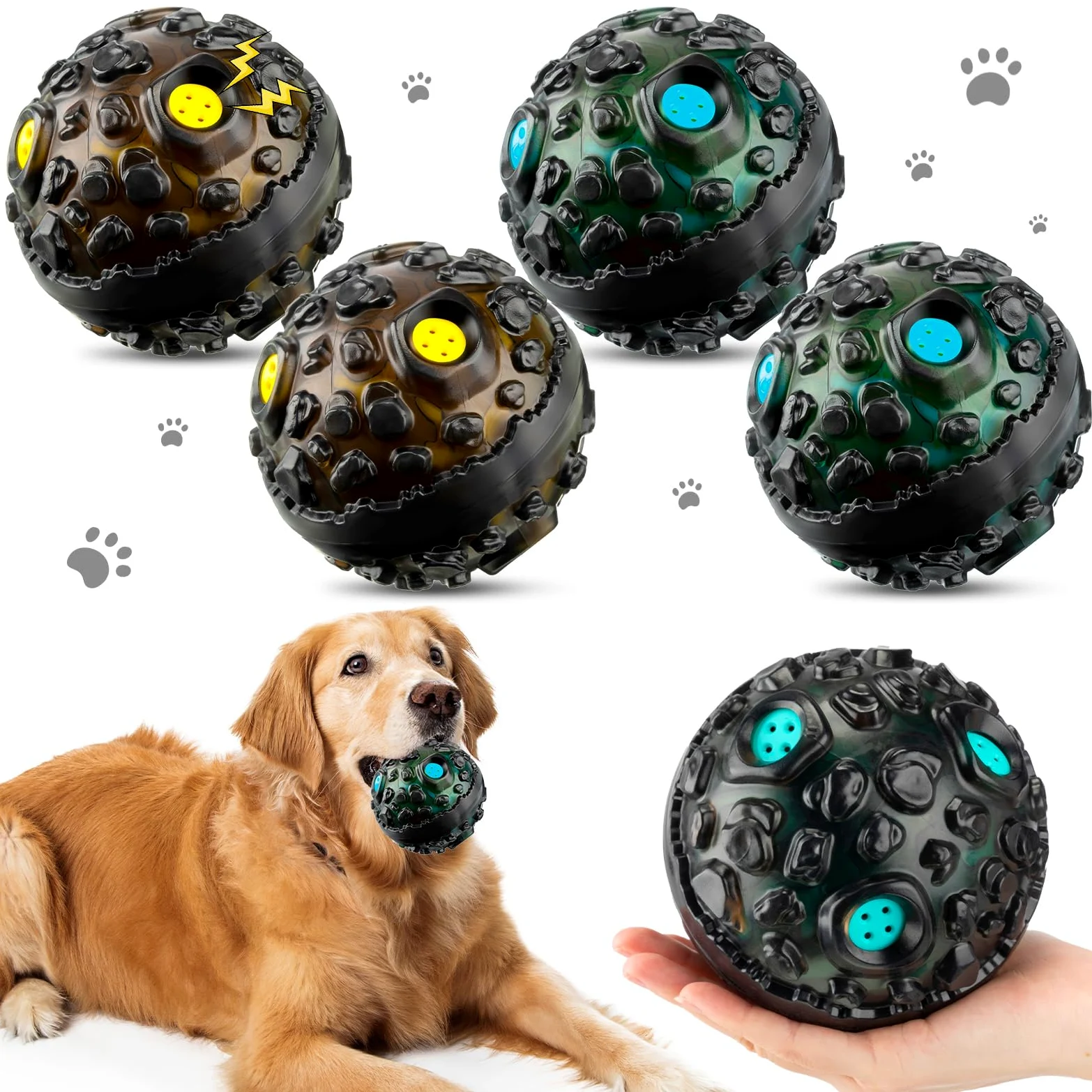 Honoson Lot de 4 balles à mâcher agressives pour chien – Jouet interactif indestructible avec rire qui couine – Jouet à mâcher en caoutchouc élastique pour chiens de petite, moyenne et grande taille