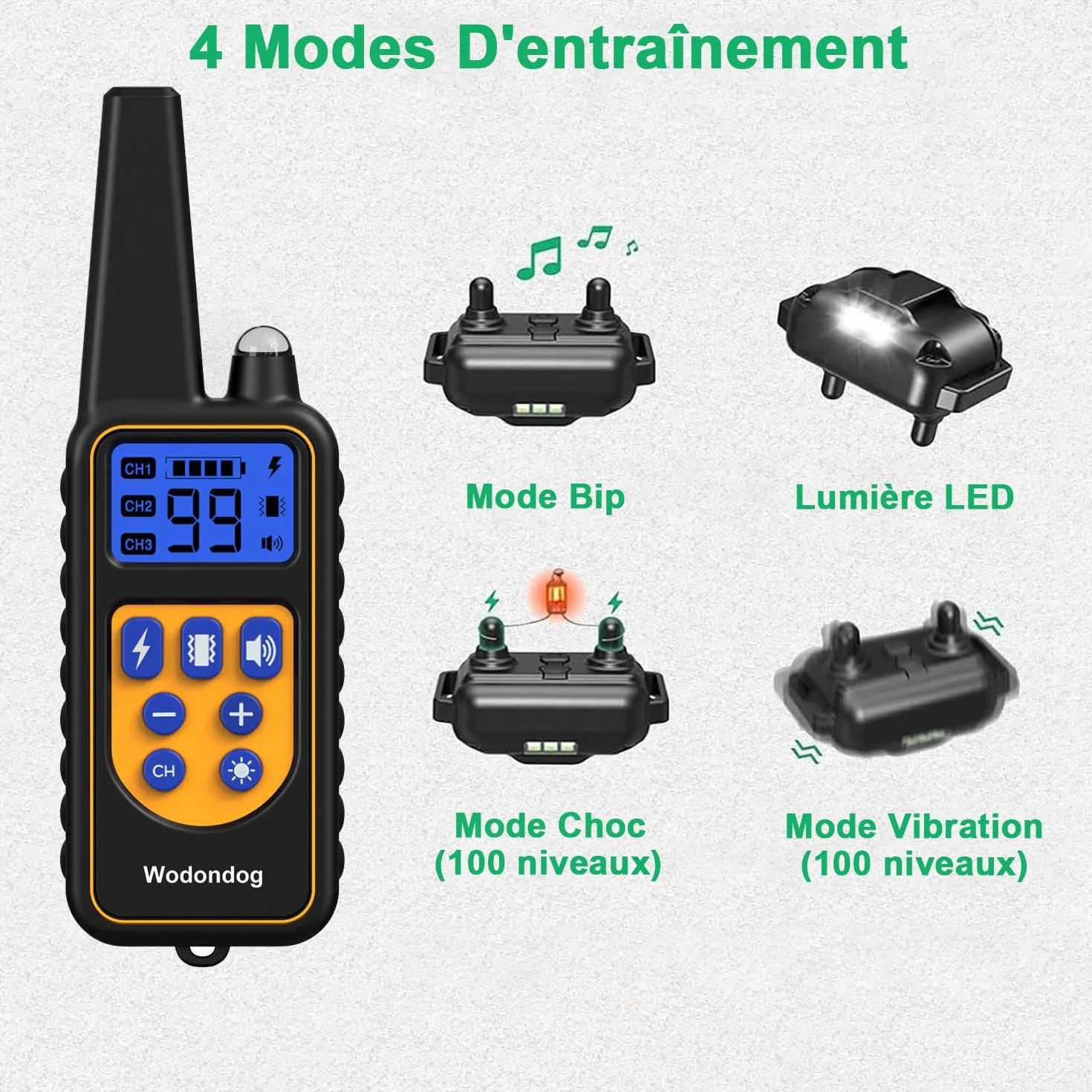 Collier de Dressage pour Chien Étanche Rechargeable 1000m, 2 Colliers
