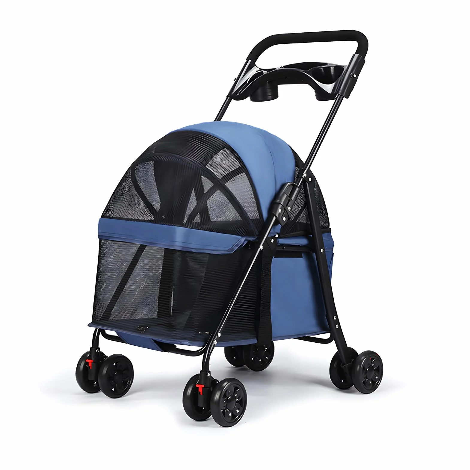 Poussette pour chats et chiens pliable 4 roues avec porte-gobelet fenêtre maille bleu