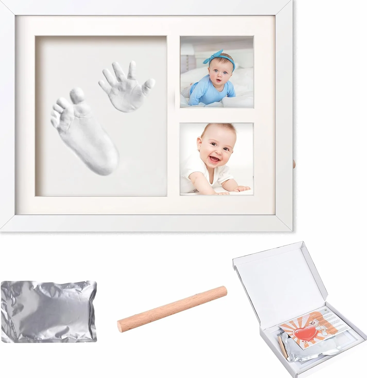Cadre Empreintes Pieds et Mains Bébé, Cadre Photo de Douche, Cadeau de Baptême, Kit d'Enregistrement Nouveau-Né, Blanc 27.9 x 22.8 x 1.8 cm