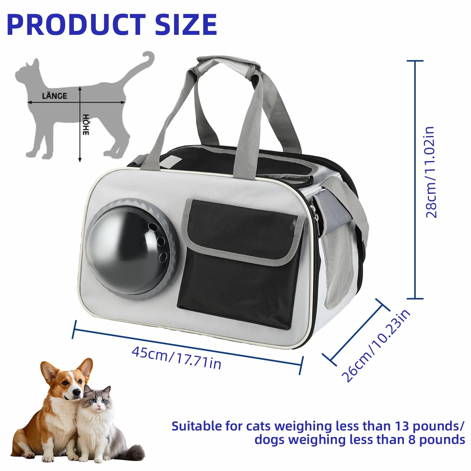 Sac de Transport pour Chat et Chien 45x26x28cm Sac-à-Dos Portable Tissu Respirant Voyage Animaux 8kg Léger Confortable