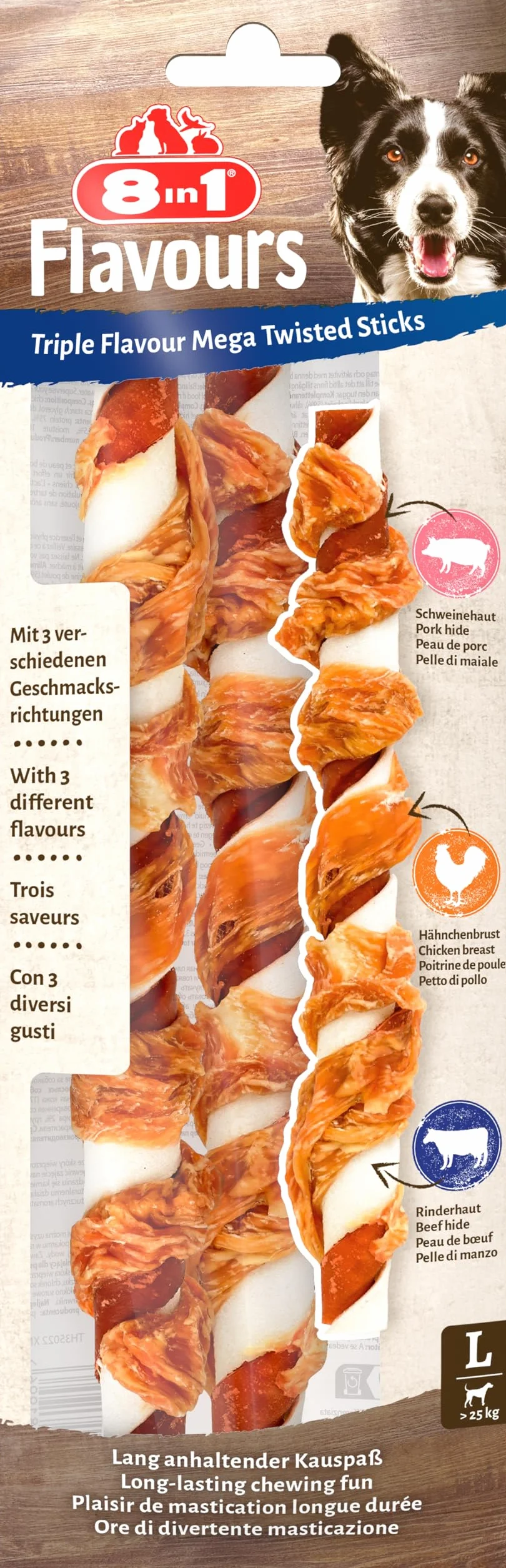 8in1 Triple Flavour Mega Twisted Sticks - Grandes bâtonnets à mâcher au Filet de Poulet, Peau de Porc et de bœuf – 140 g (2 pièces)