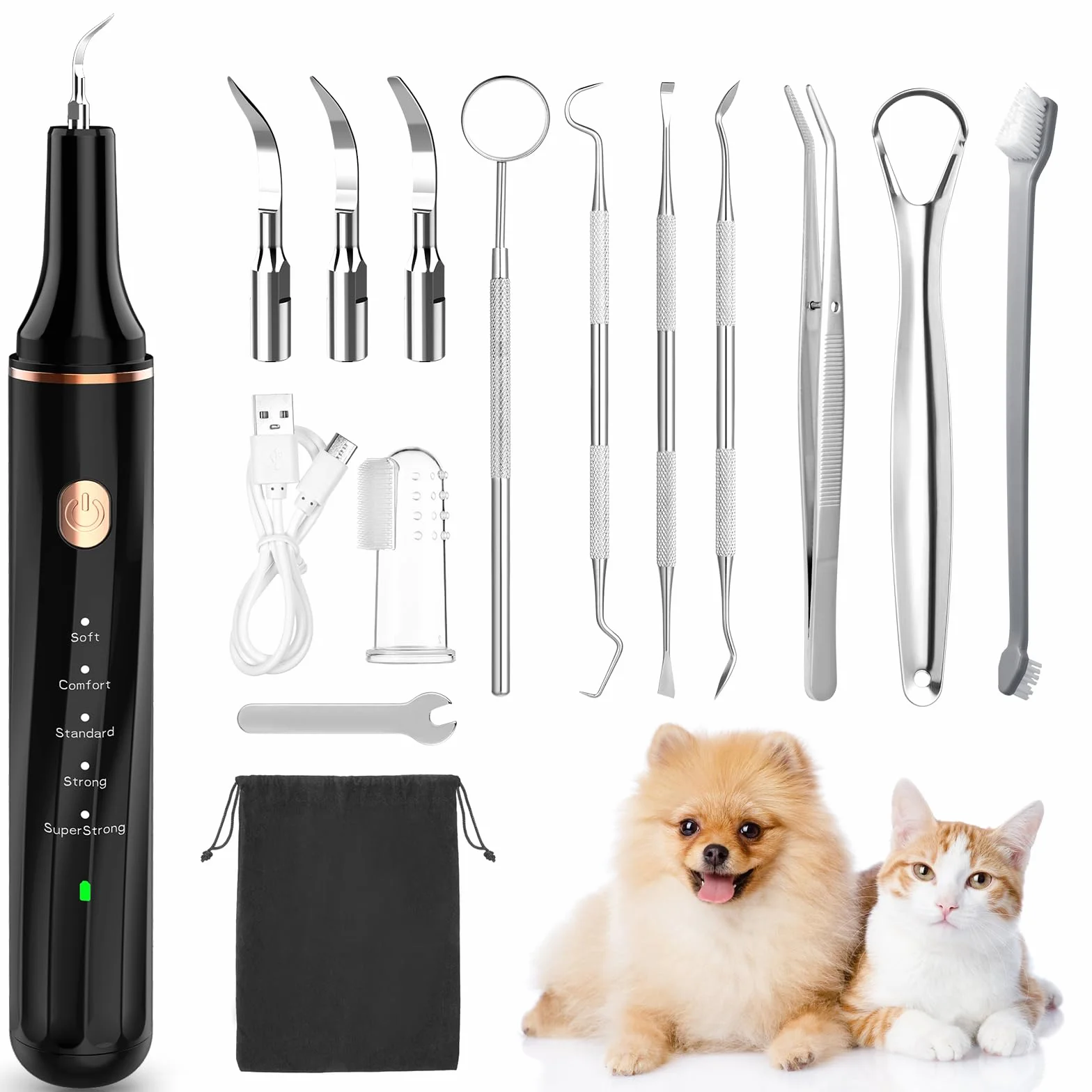 Kit de Nettoyage Tartre Dentaire à Ultrasons pour Chien et Chat, Brosses Detartreur à Ultrasonique Dents Détachant Nettoyeur, 5 Modes de Nettoyage de Nettoyage pour Animaux Pet de Compagnie (Noir)