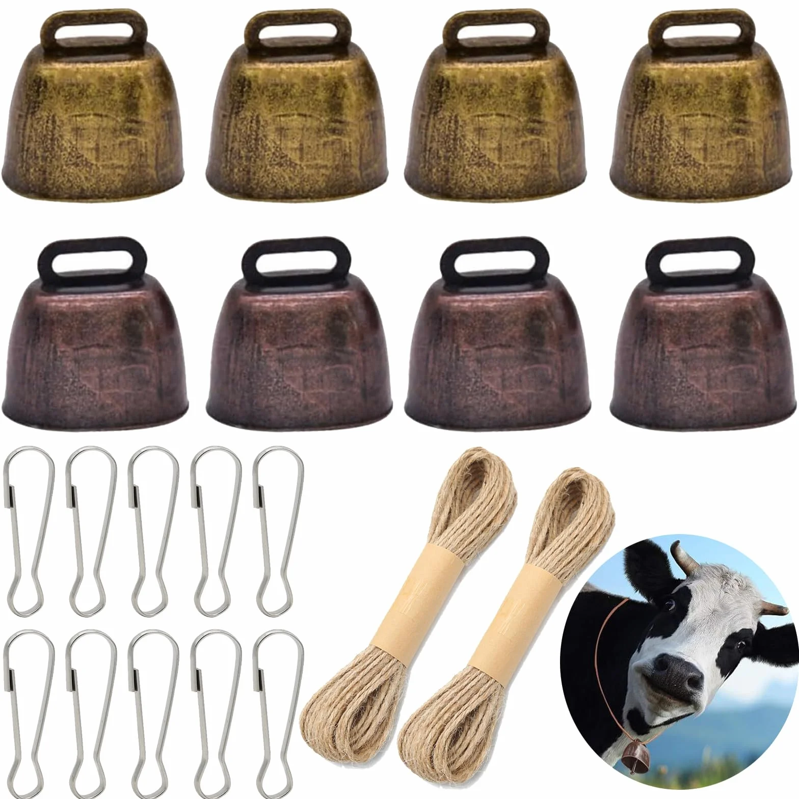 Clochette de Vache en Cuivre et Bronze avec 10 Boucles Métalliques et 20 M de Ficelle de Chanvre pour Bovins