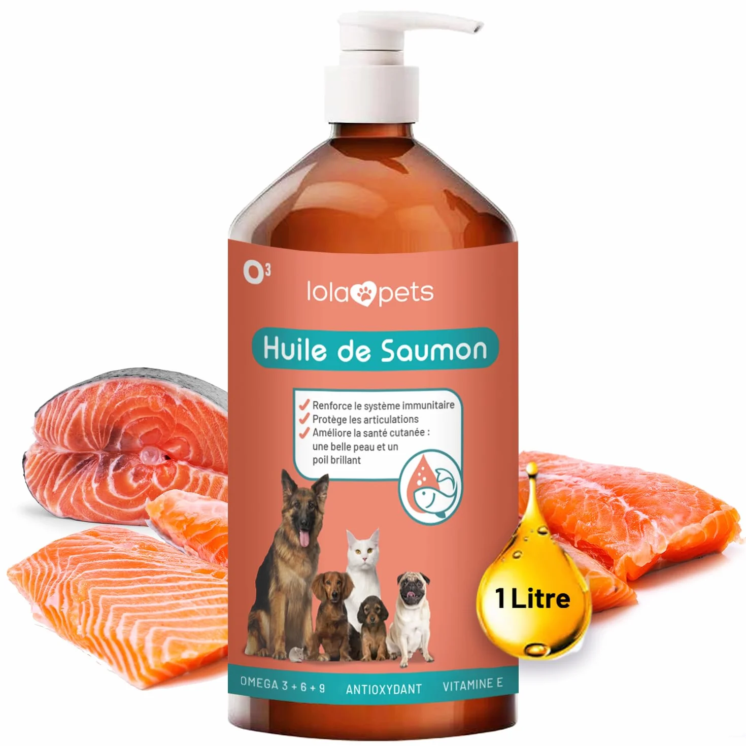 Huile de Saumon pour Chien et Chat 1 Litre NORVÈGE - Riche en Omega 3+6+9 et Vitamine E