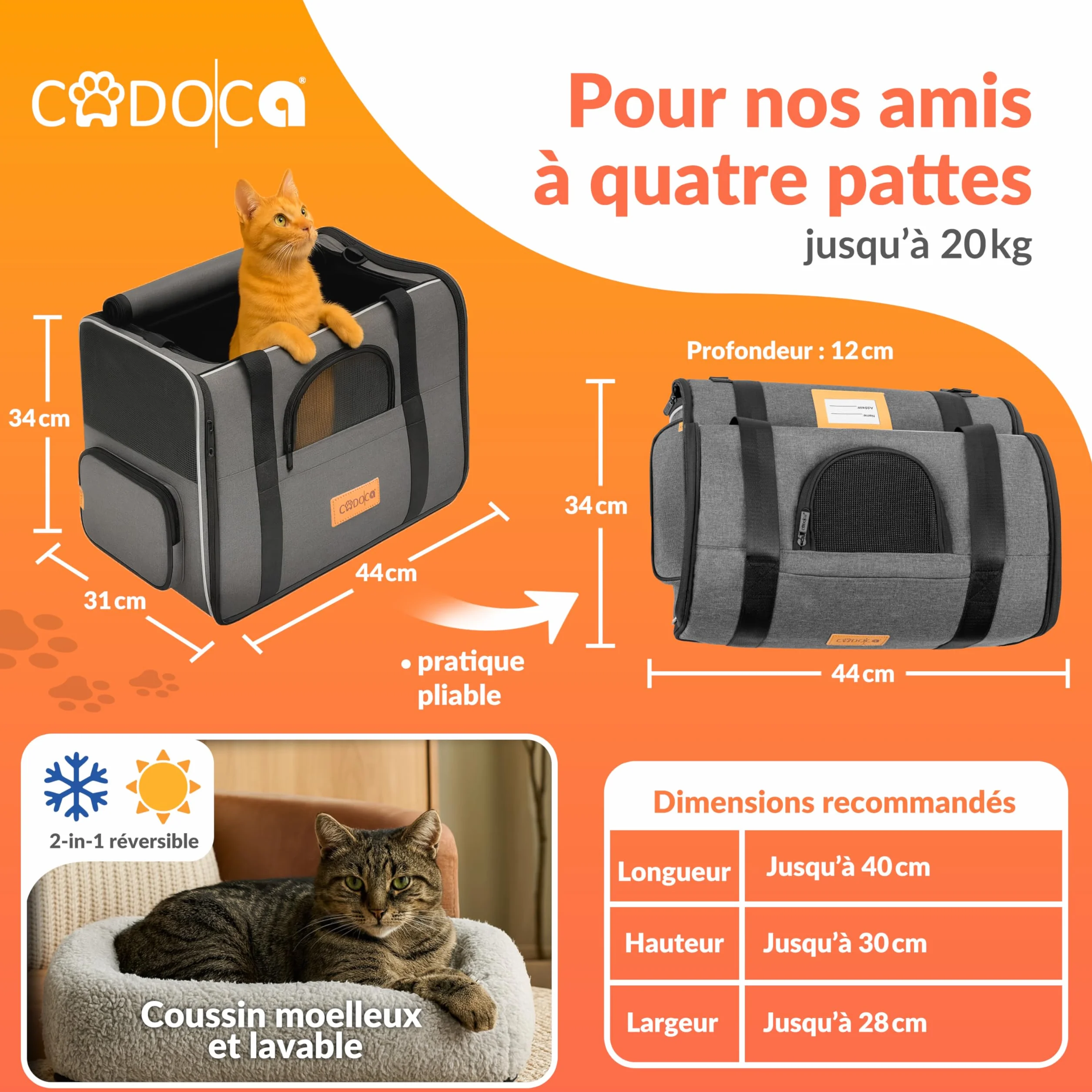 CADOCA® Sac de Transport pour Chat Chien Max. 20kg Gris Pliable avec bandoulière Caisse de Transport Chat Respirant avec gamelle