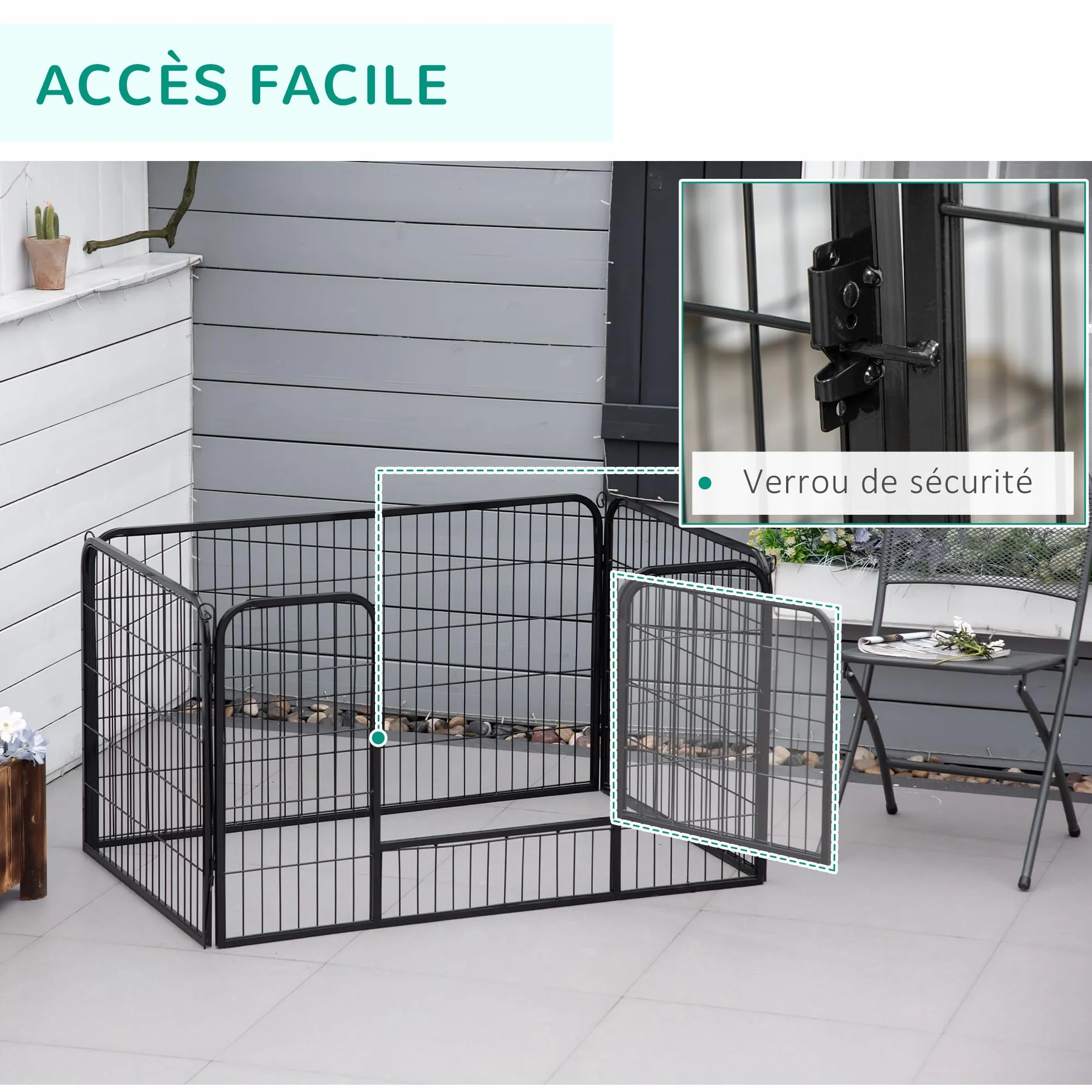 PawHut Luxe Parc enclos modulable Acier 4 Panneaux 1 Porte pour Chiens Lapins Petits Animaux 125x80x70 cm Noir