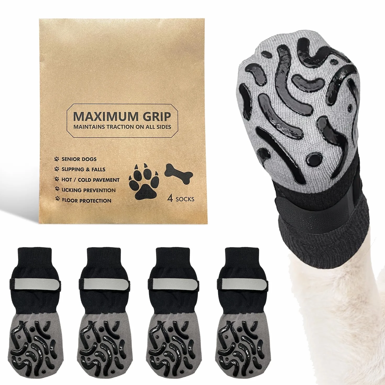 Lot de 4 chaussettes anti-léchage pour chien réglables avec adhérence protection coussinet Noir M