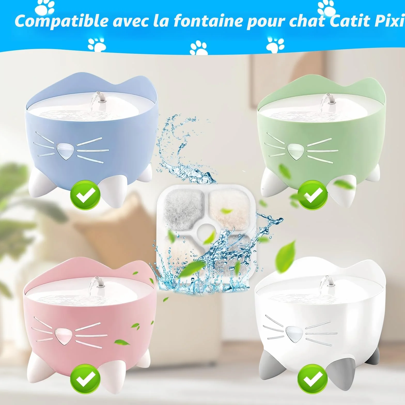 Filtre Fontaine Eau Chat 16 pcs Triple Système Filtration Résine Charbon Actif 2 Tuyaux Rechange