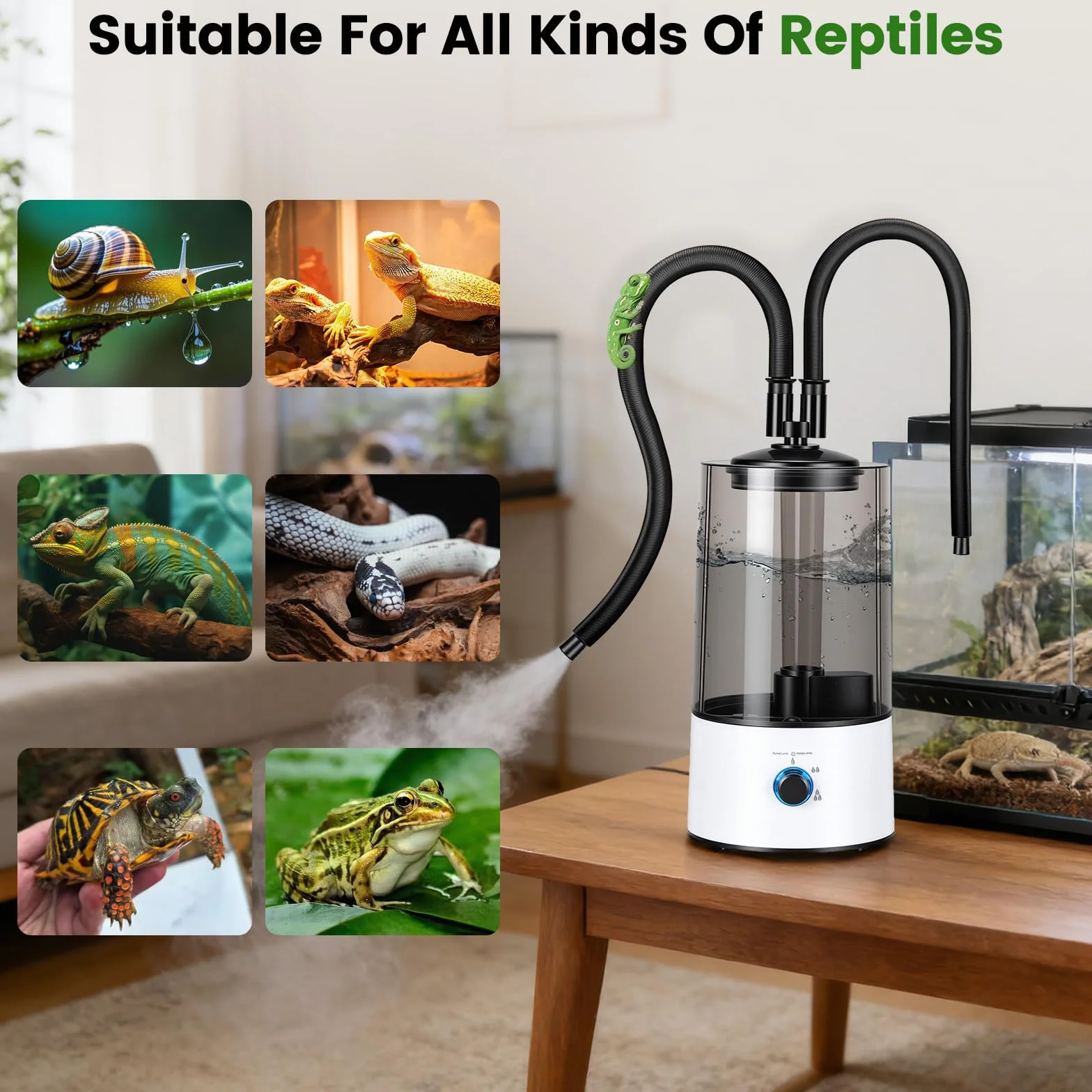 Humidificateur Aérien Reptiles 4L Générateur Brouillard Terrariums Double Tuyau Extensible Réglage Trois Niveaux Taille Pulvérisation Vaporisateur Ultra-Silencieux