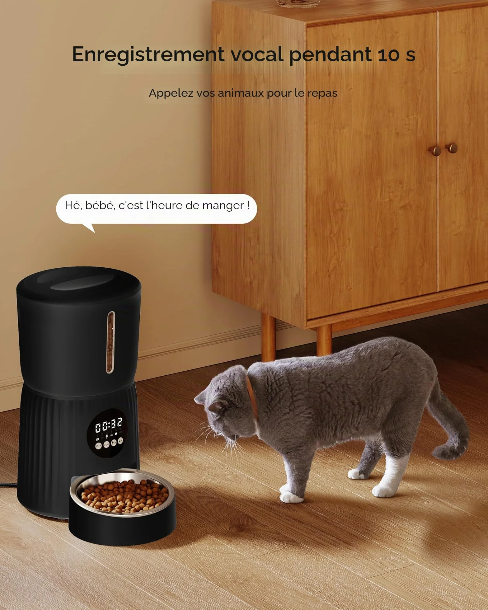 Faroro Distributeur Croquettes Chat Automatique 4L avec Contrôle des Portions, Enregistrement Vocal 10s, Alimentation Lente Noir