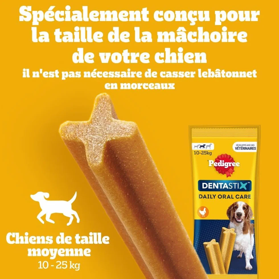 Pedigree DENTASTIX 56 Bâtonnets à Mâcher pour Chien Moyen 10-25kg, 8 Sachets de 7, Poulet et Bœuf, Détartrage Dentaire