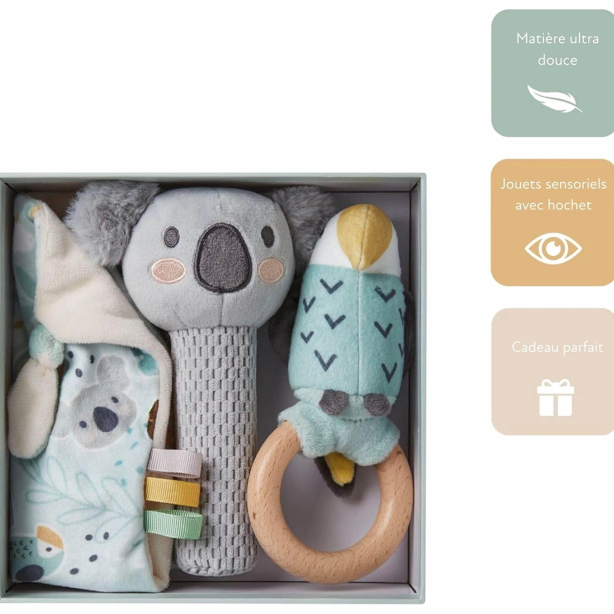 Nuby Ensemble cadeau bébé Animal Adventures 3 pièces Doudou Siffleur Hochet