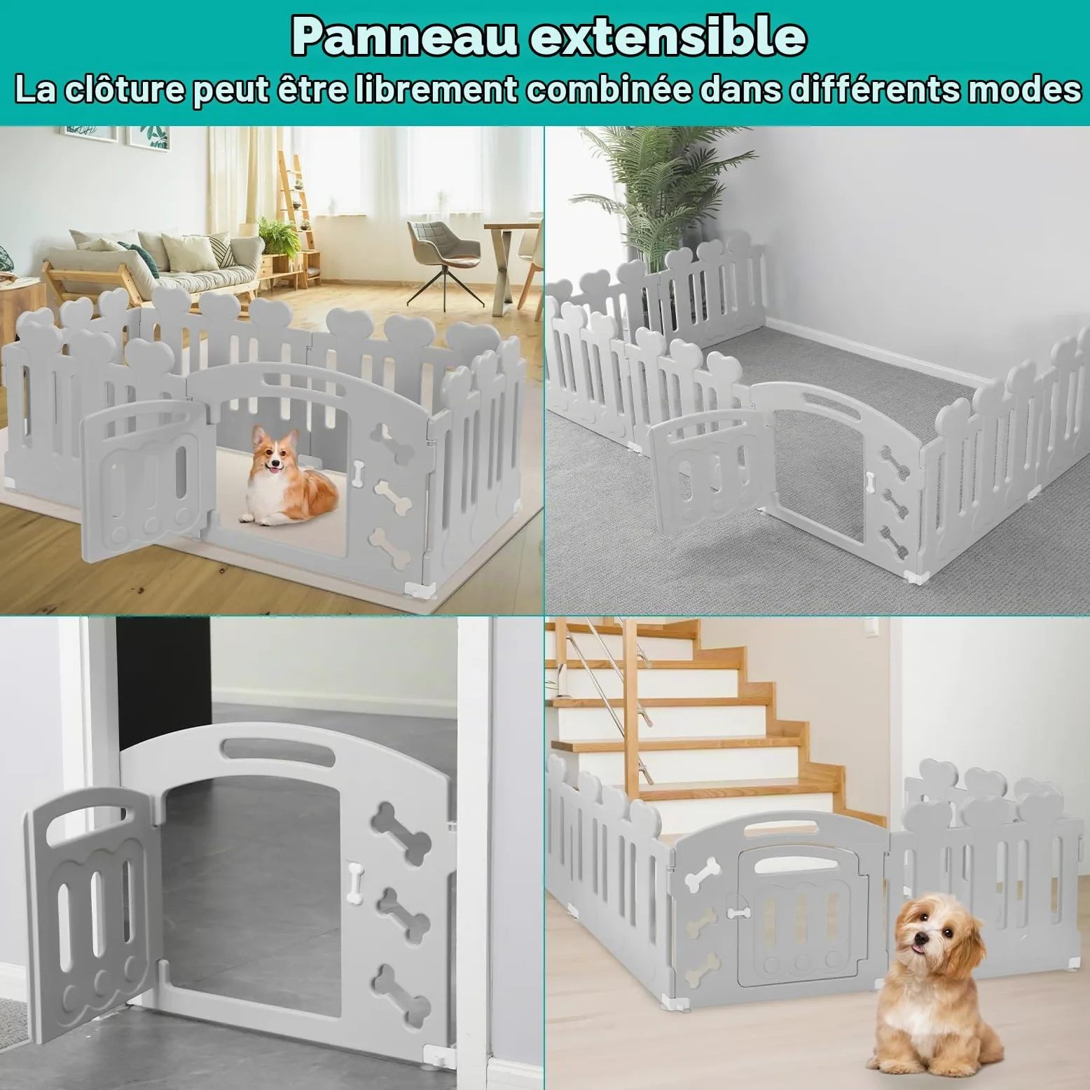 MAMIZO Parc pour Chien 60 cm Haut, Plastique Parc Chien 7+1 PCS Panneaux, Parc Chiot Pliable avec Portail, avec ventouses et ancrages au Sol, Enclos pour Chat et Lapin Interieur Extérieur, Gris | Parc Chiot Pliable avec Portail, avec ventouses et ancrages