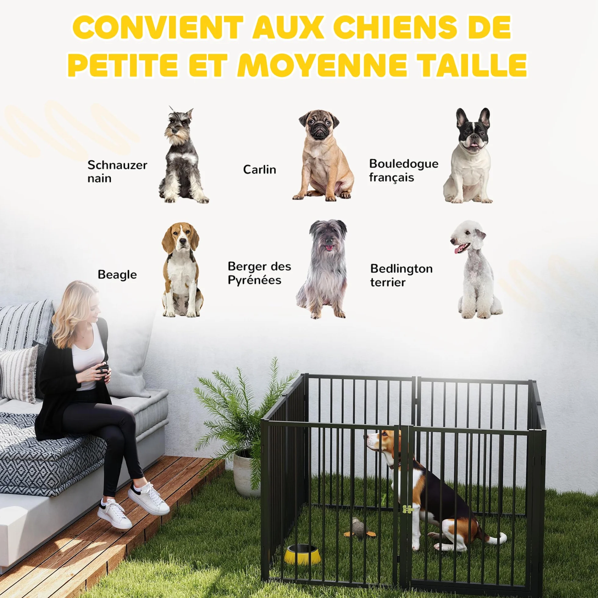 PawHut Parc pour Chien 8 Panneaux modulable Pliable en métal 76H cm avec Porte Noir