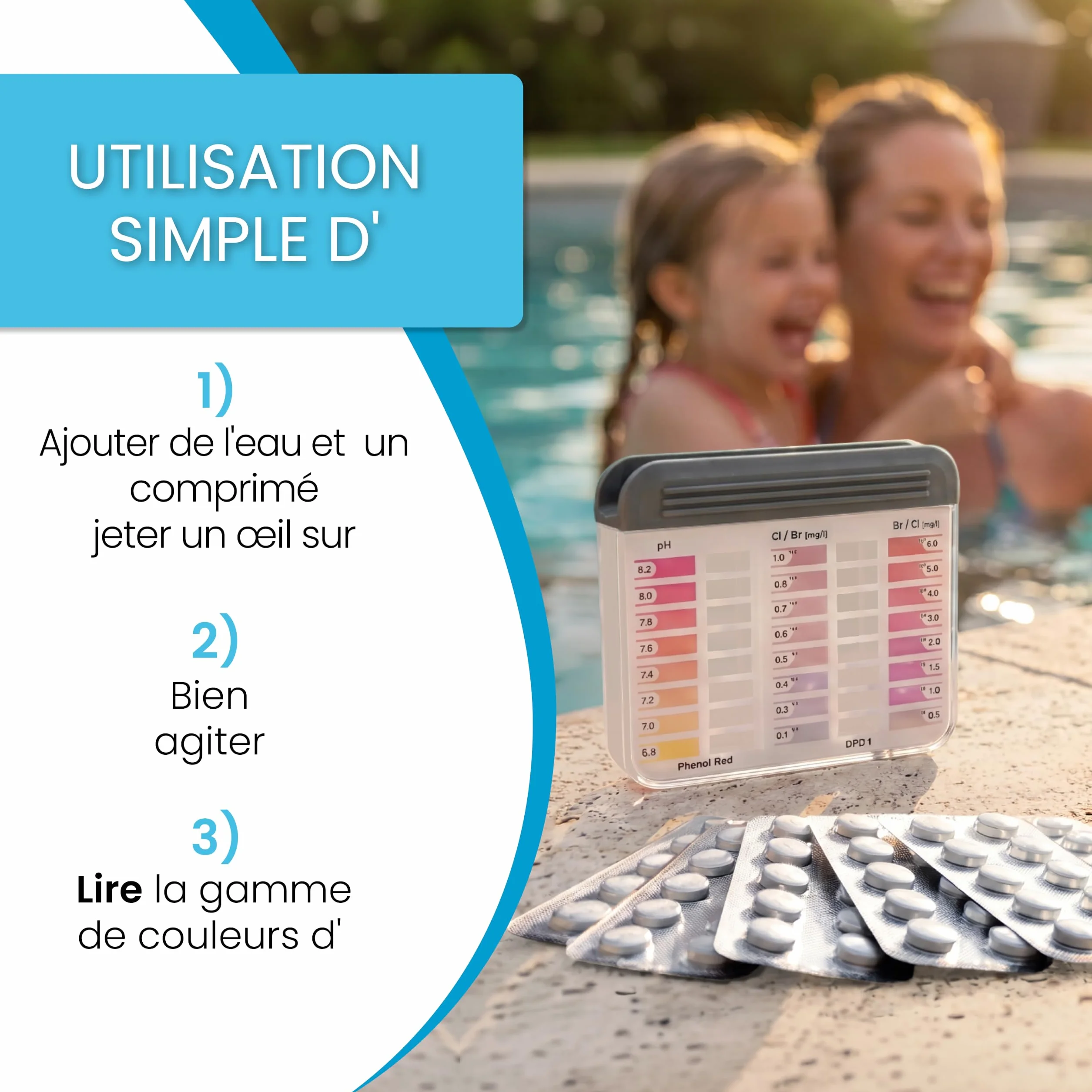smardy 60 Pastilles de Test pH/Chlore Libre/Brome – pour piscine, spa, whirlpool et eau potable – testeur d'eau manuel avec boîte de rangement – Made in Germany
