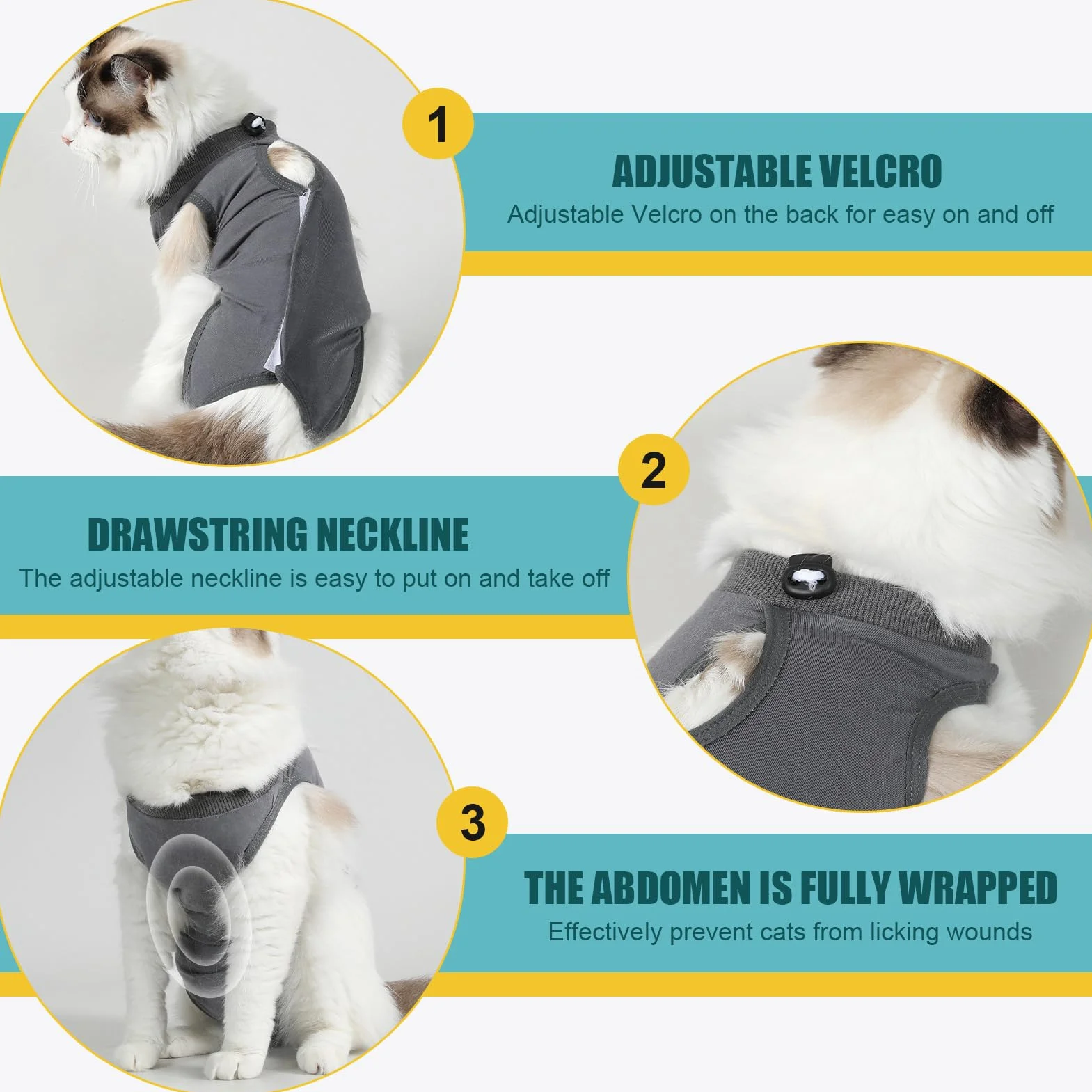 Body Chat Post Operatoire Femelle Après Stérilisation, Gilet de Récupération Gris Anti-Léchage S