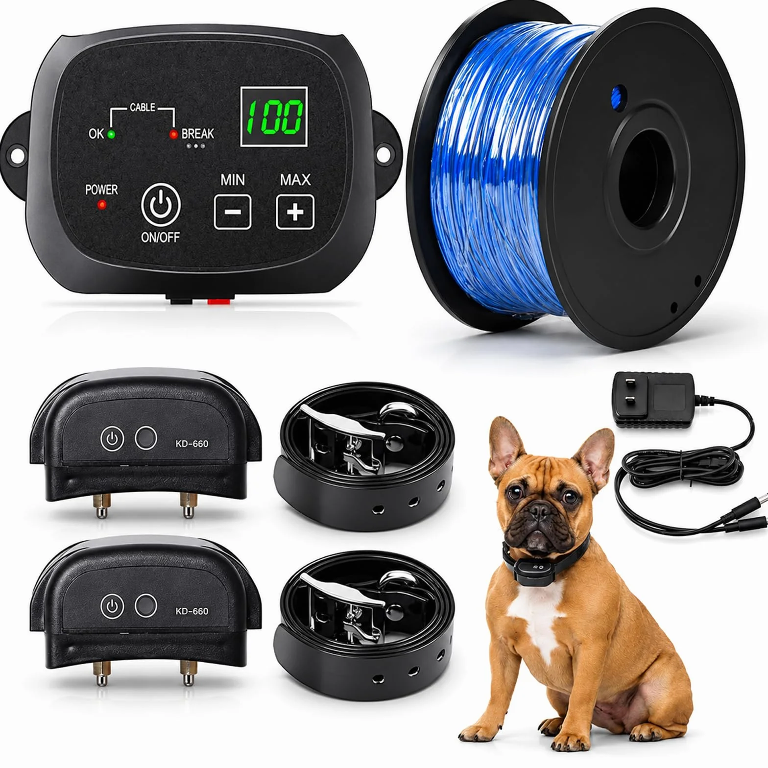 Clôture électrique pour Chien avec 2 Colliers Système de Délimitation Câble 300m 8-21 Pouces pour Jardin Extérieur