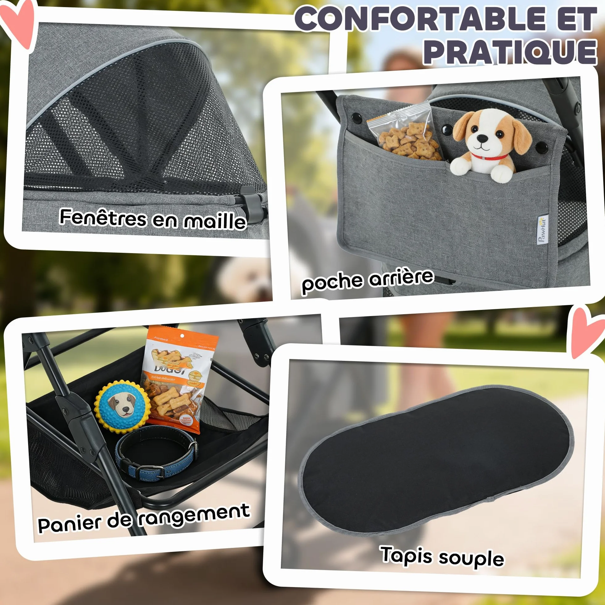 PawHut Poussette pour Chien 3 en 1 Détachable - Pousse-Chien Pliable avec Nacelle Amovible et Sans Fermeture Éclair - Suspension Tout-Terrain pour Petits Chiens et Chat de 10kg, Gris
