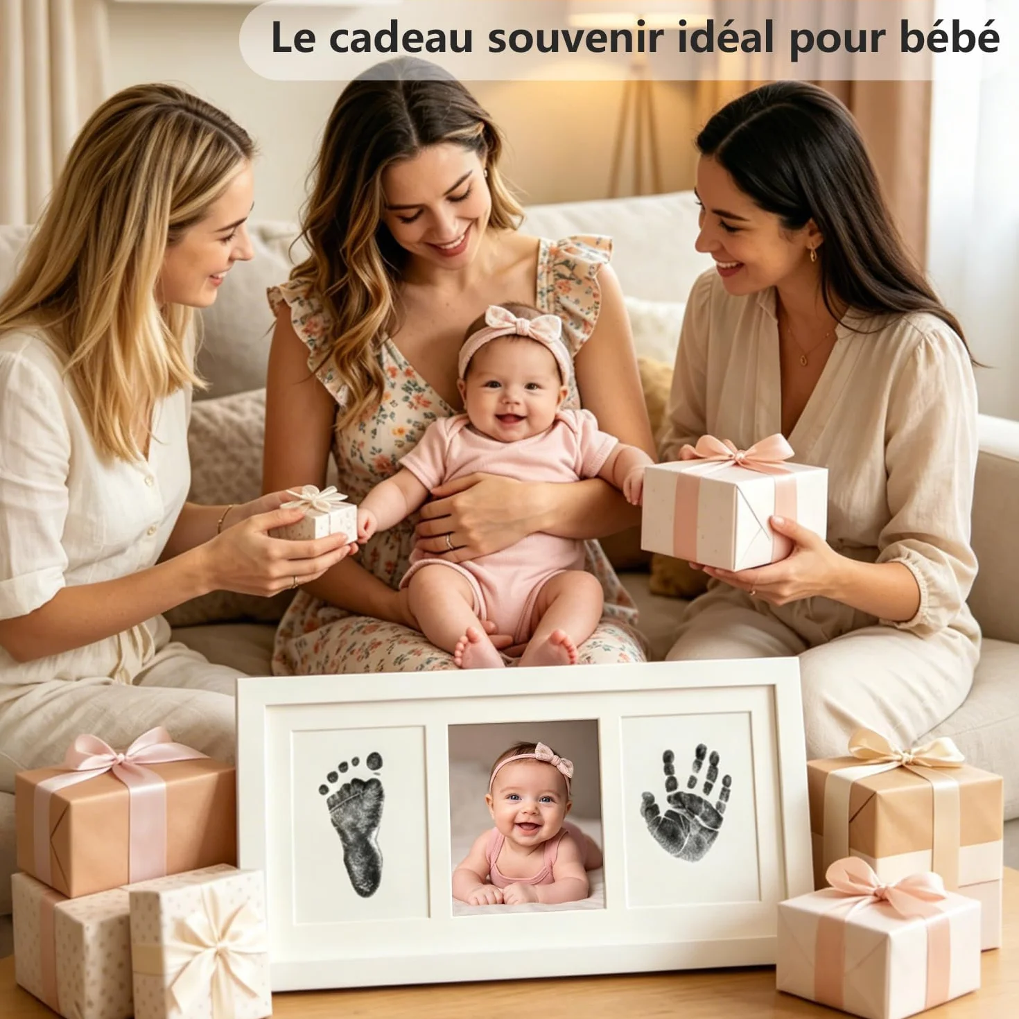 Cadre Empreintes Bébé Encre avec Tampon Encreur Clean Touch Non Toxique Cadeau Bébé Blanc